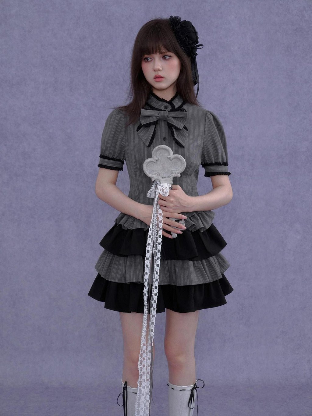 SagiDolls Gray Black Bow Puff Sleeve Cake Skirt Women's Polyester Corset Mini Dresses