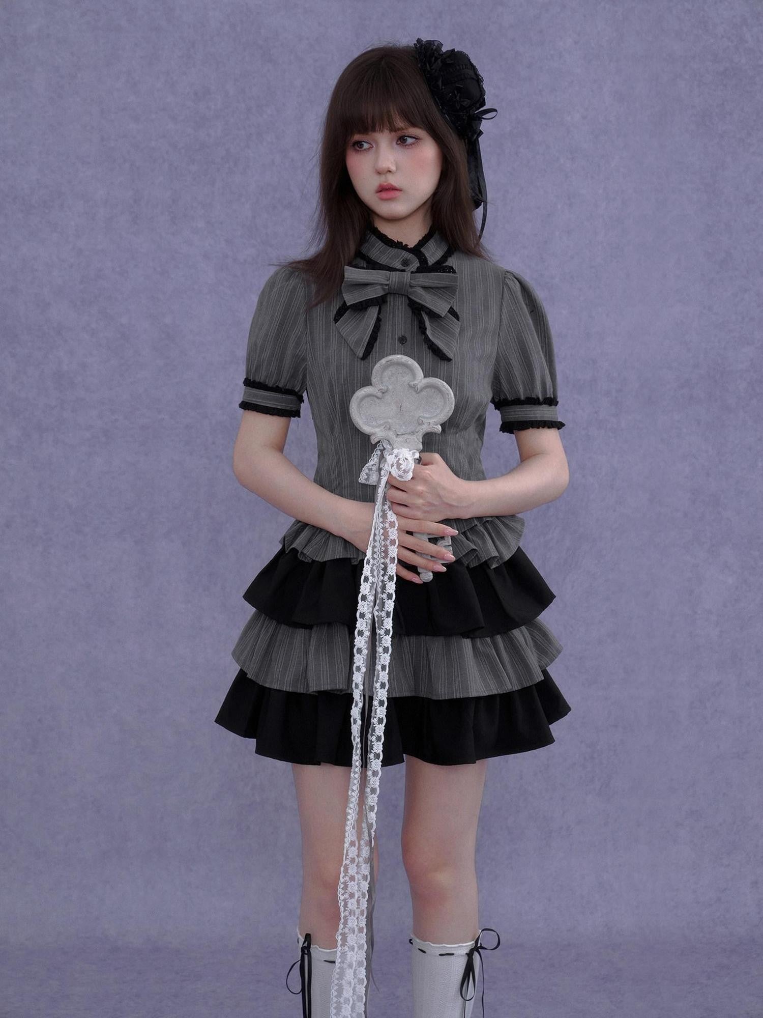 SagiDolls Gray Black Bow Puff Sleeve Cake Skirt Women's Polyester Corset Mini Dresses