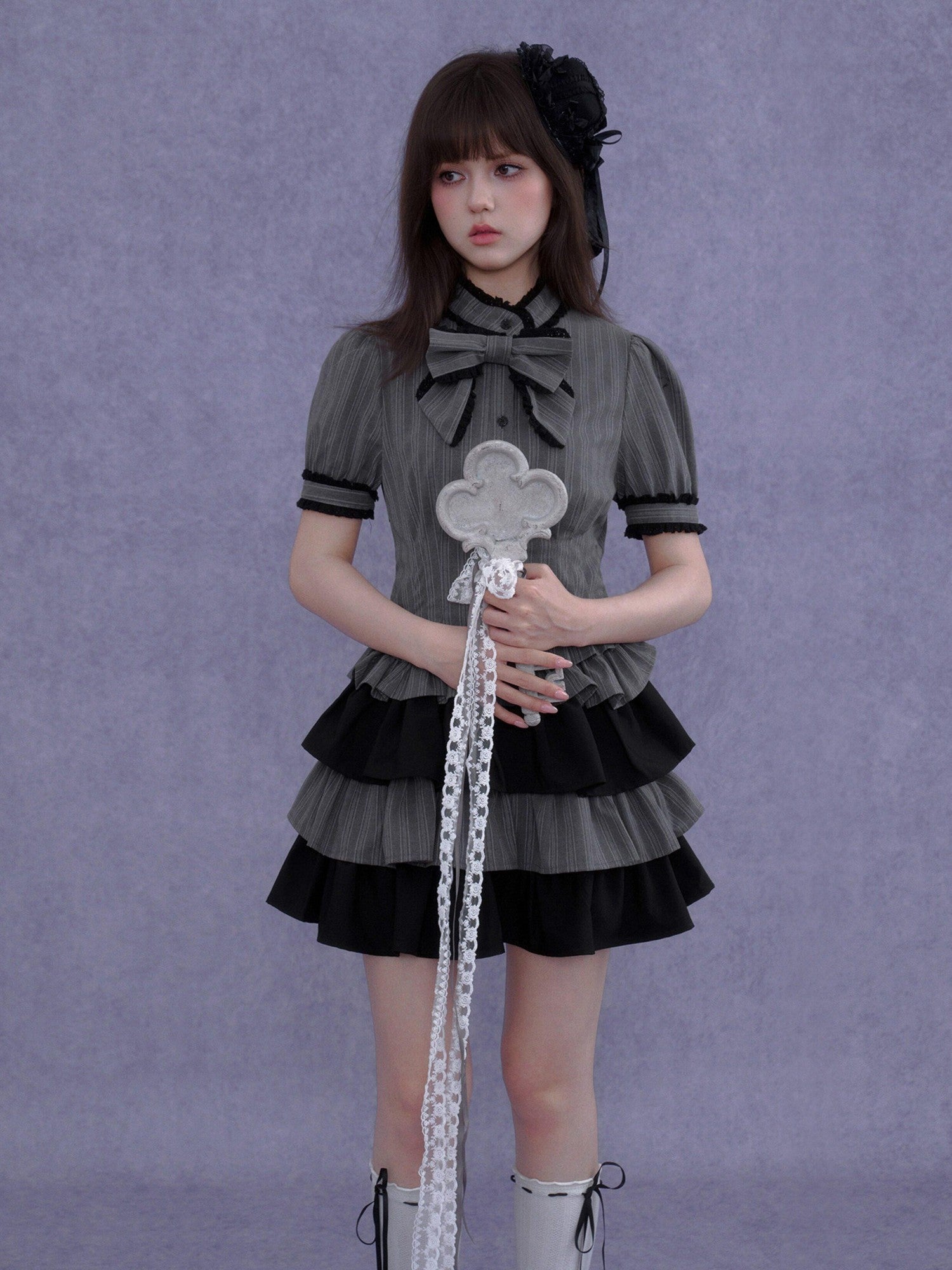 SagiDolls Gray Black Bow Puff Sleeve Cake Skirt Women's Polyester Corset Mini Dresses