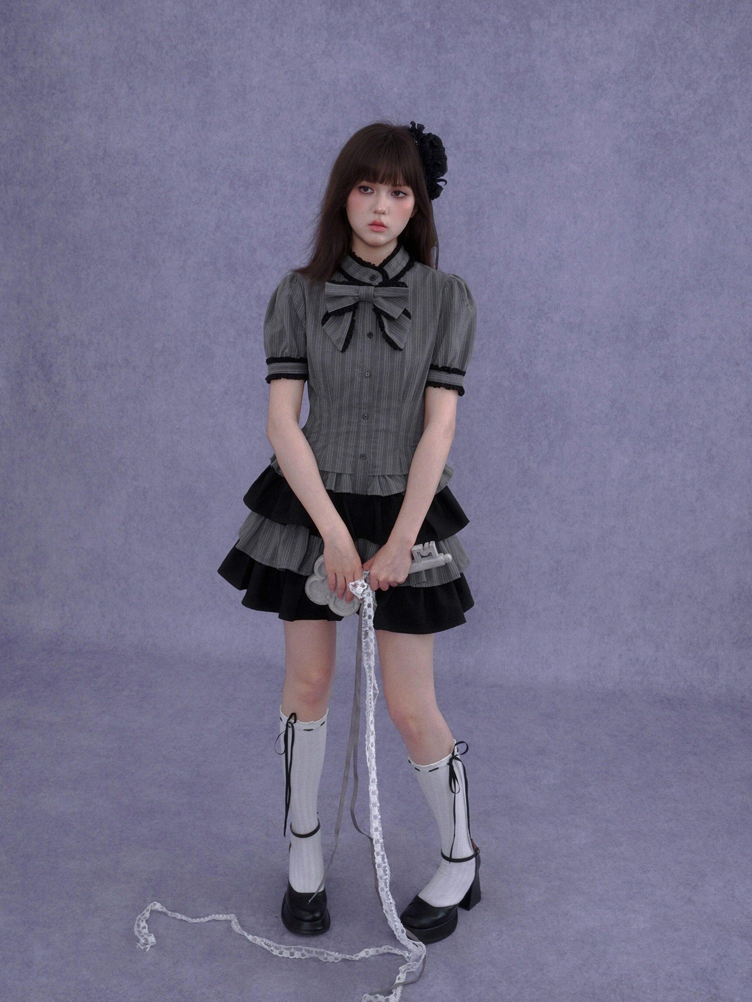 SagiDolls Gray Black Bow Puff Sleeve Cake Skirt Women's Polyester Corset Mini Dresses