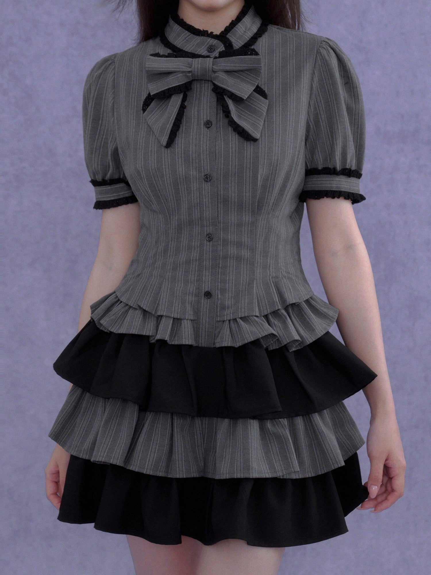 SagiDolls Gray Black Bow Puff Sleeve Cake Skirt Women's Polyester Corset Mini Dresses