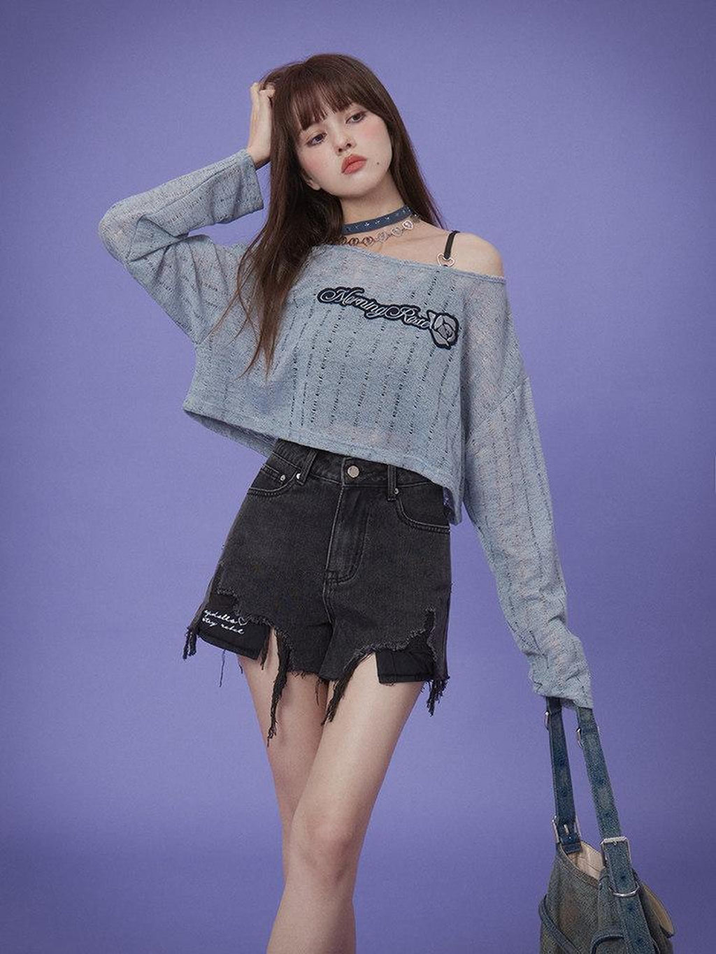 SagiDolls Gray Blue Hollow Knit Embroidered Airy Women's Polyester Long Sleeve T-shirts
