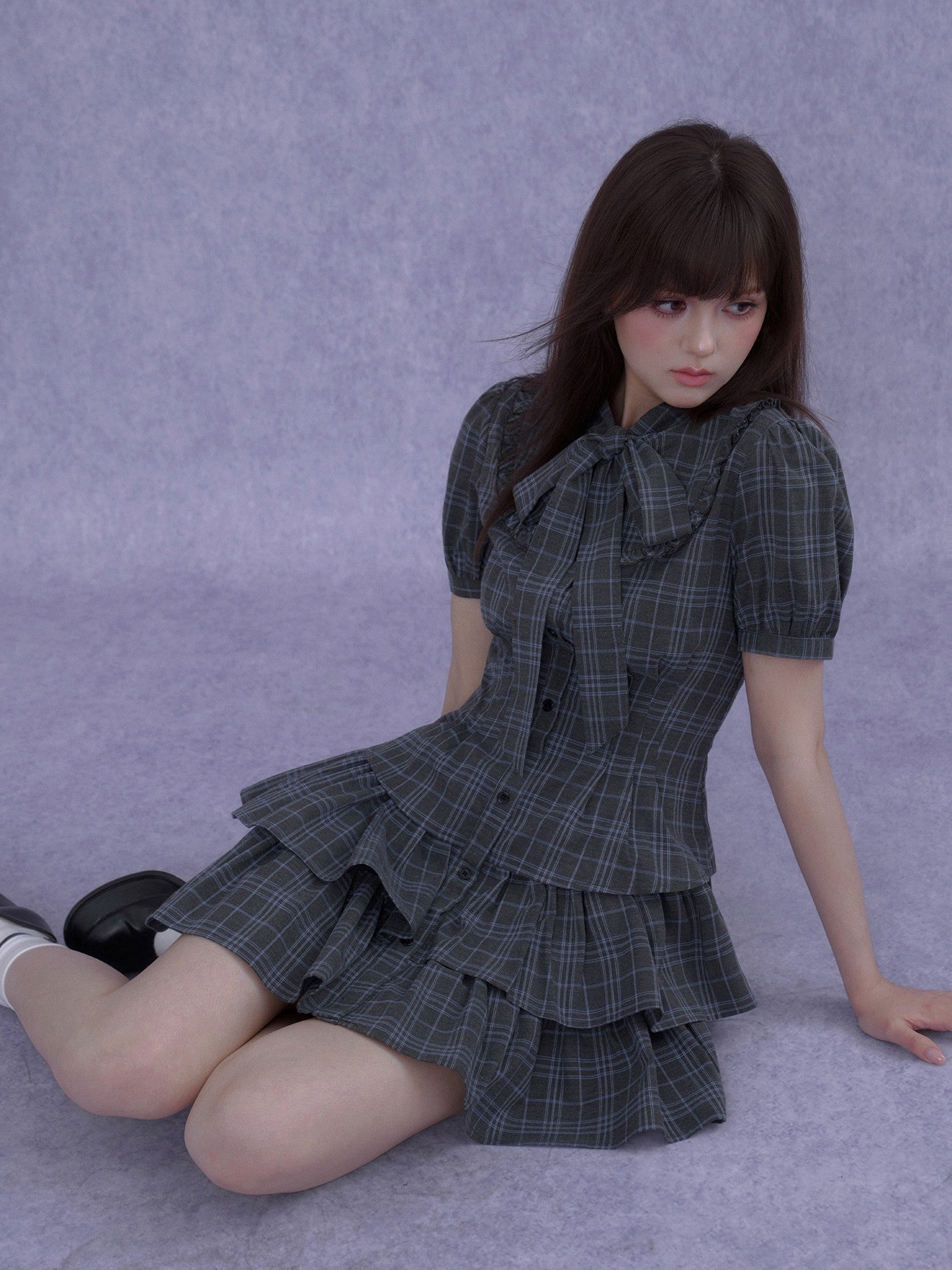 SagiDolls_Gray_Blue_Plaid_Big_Bow_Tiered_Women's_Polyester_Casual_Mini_Dresses_984628039356_MISSTT