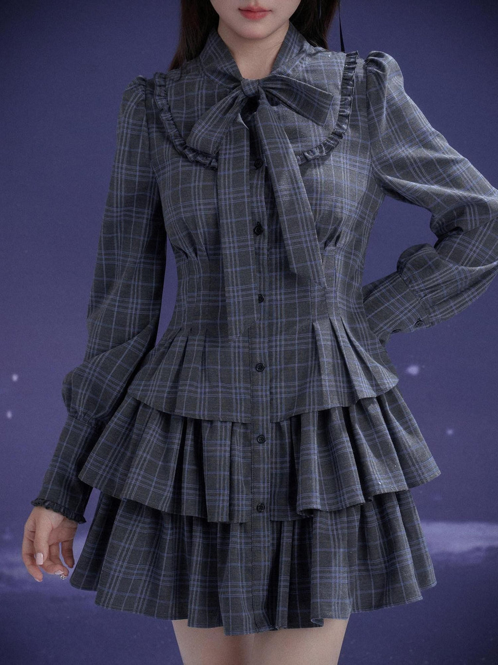 SagiDolls Gray Blue Plaid Big Bow Tiered Women's Polyester Casual Mini Dresses