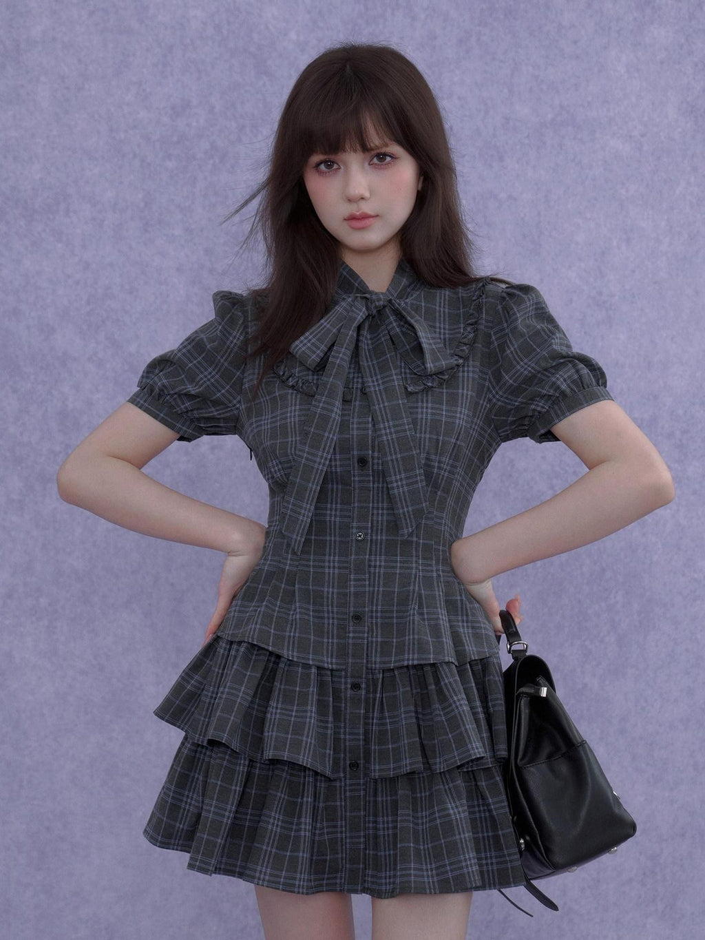 SagiDolls Gray Blue Plaid Big Bow Tiered Women's Polyester Casual Mini Dresses