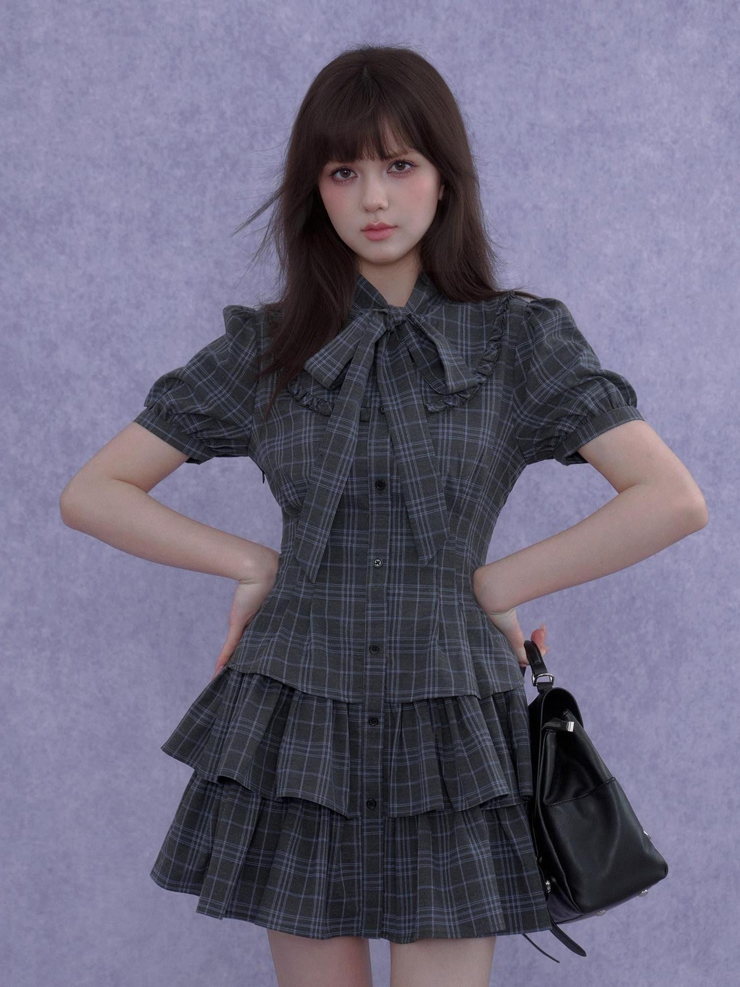 SagiDolls Gray Blue Plaid Big Bow Tiered Women's Polyester Casual Mini Dresses
