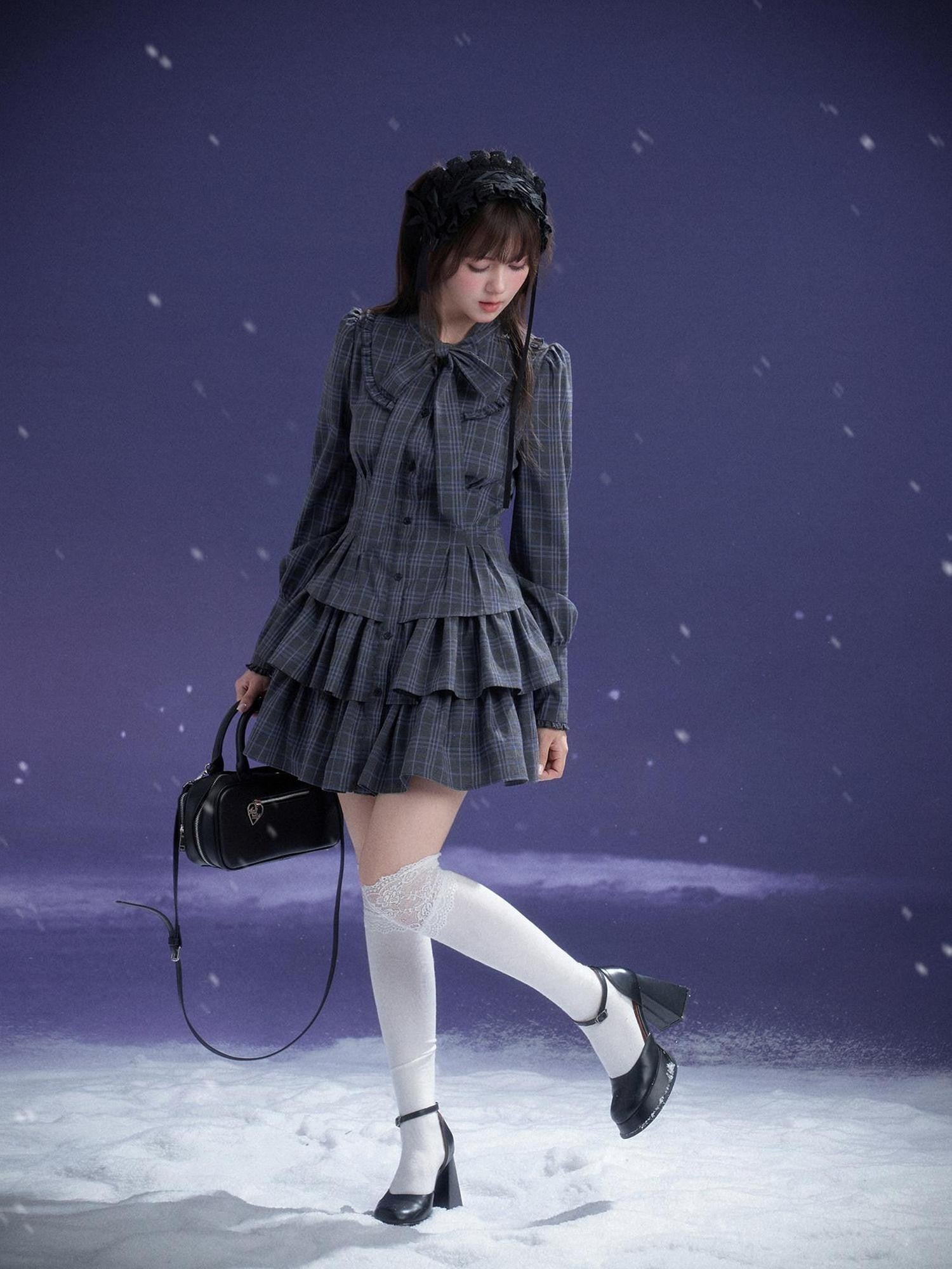 SagiDolls Gray Blue Plaid Big Bow Tiered Women's Polyester Casual Mini Dresses
