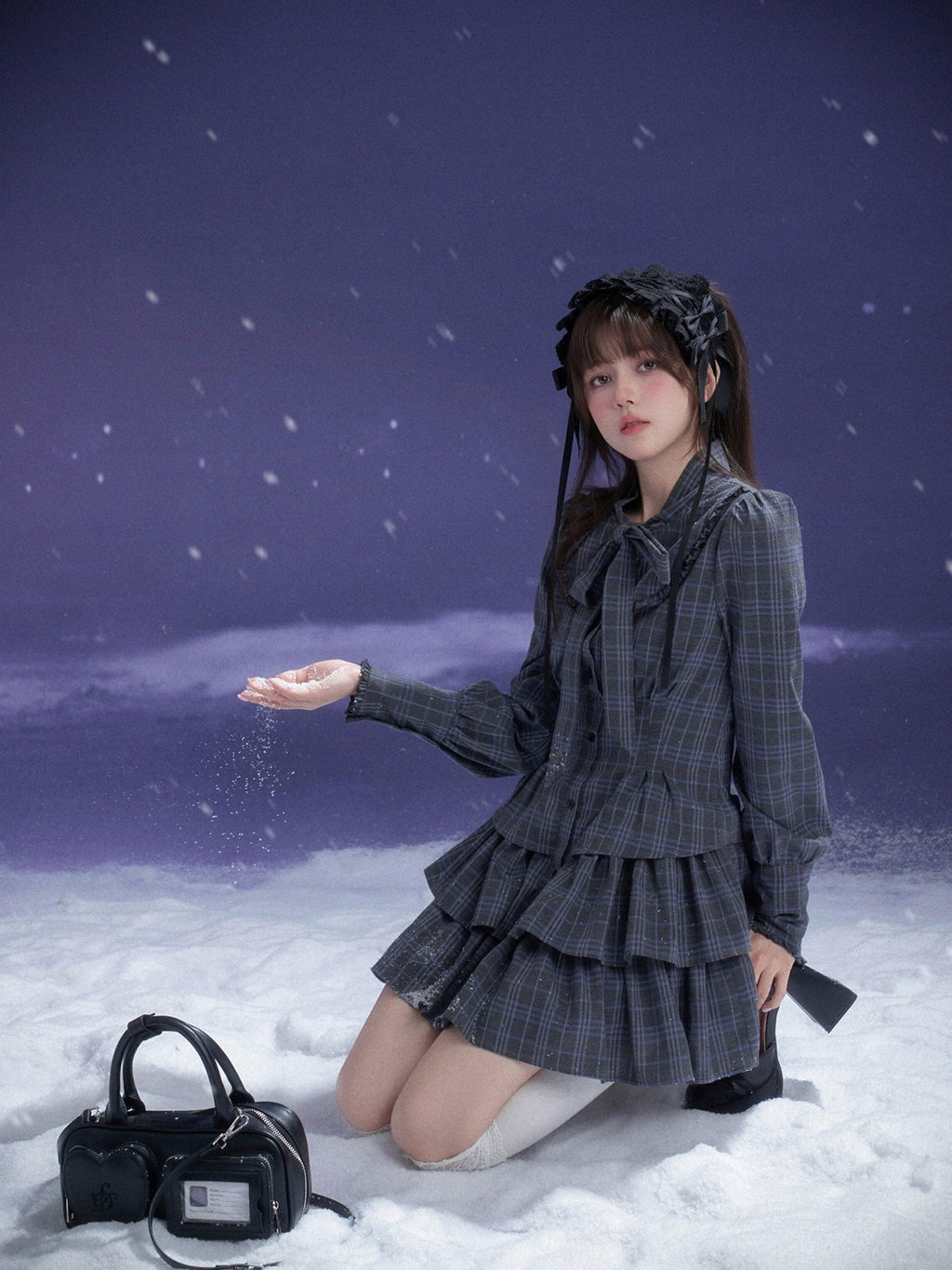 SagiDolls Gray Blue Plaid Big Bow Tiered Women's Polyester Casual Mini Dresses