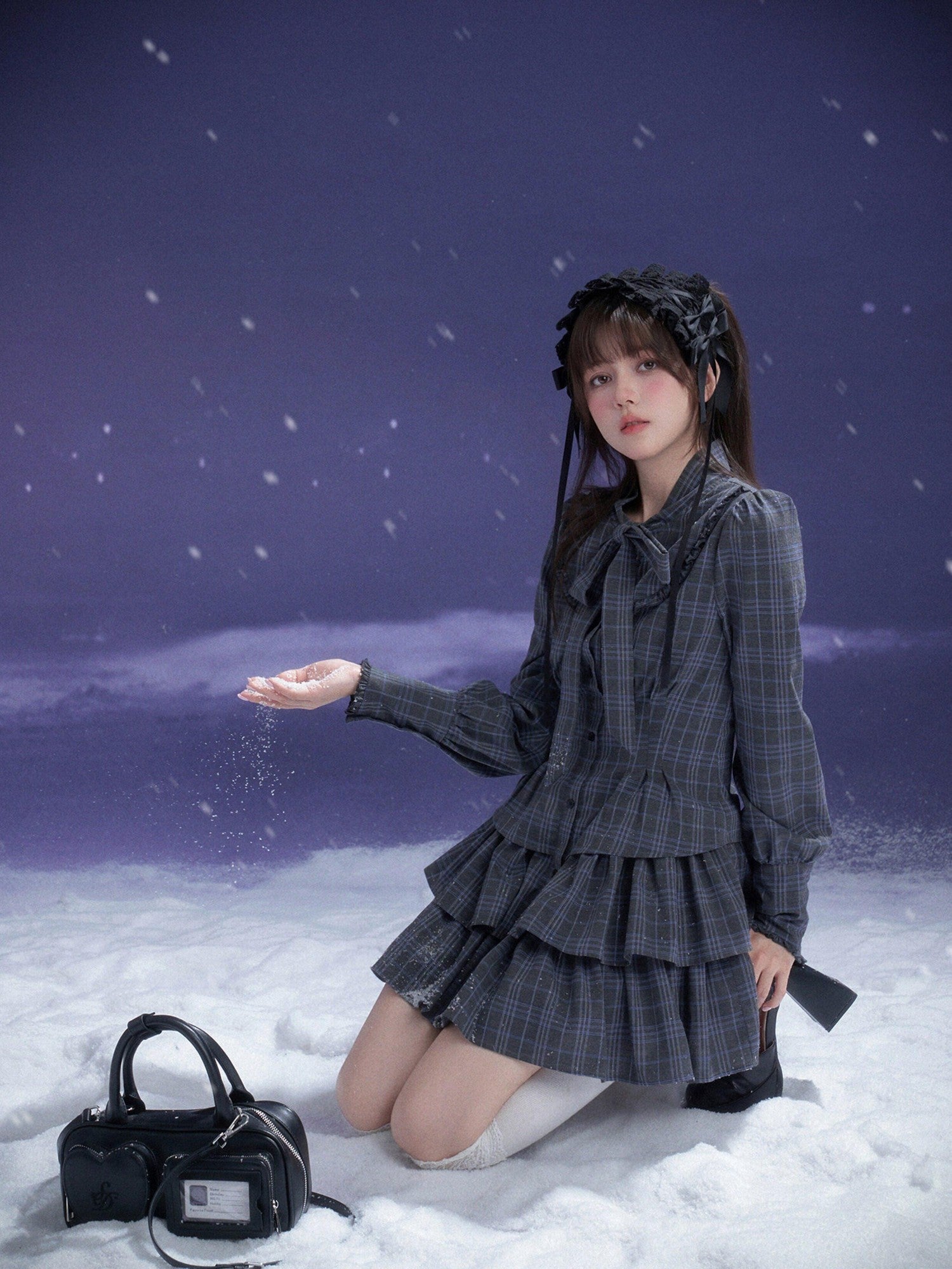 SagiDolls Gray Blue Plaid Big Bow Tiered Women's Polyester Casual Mini Dresses