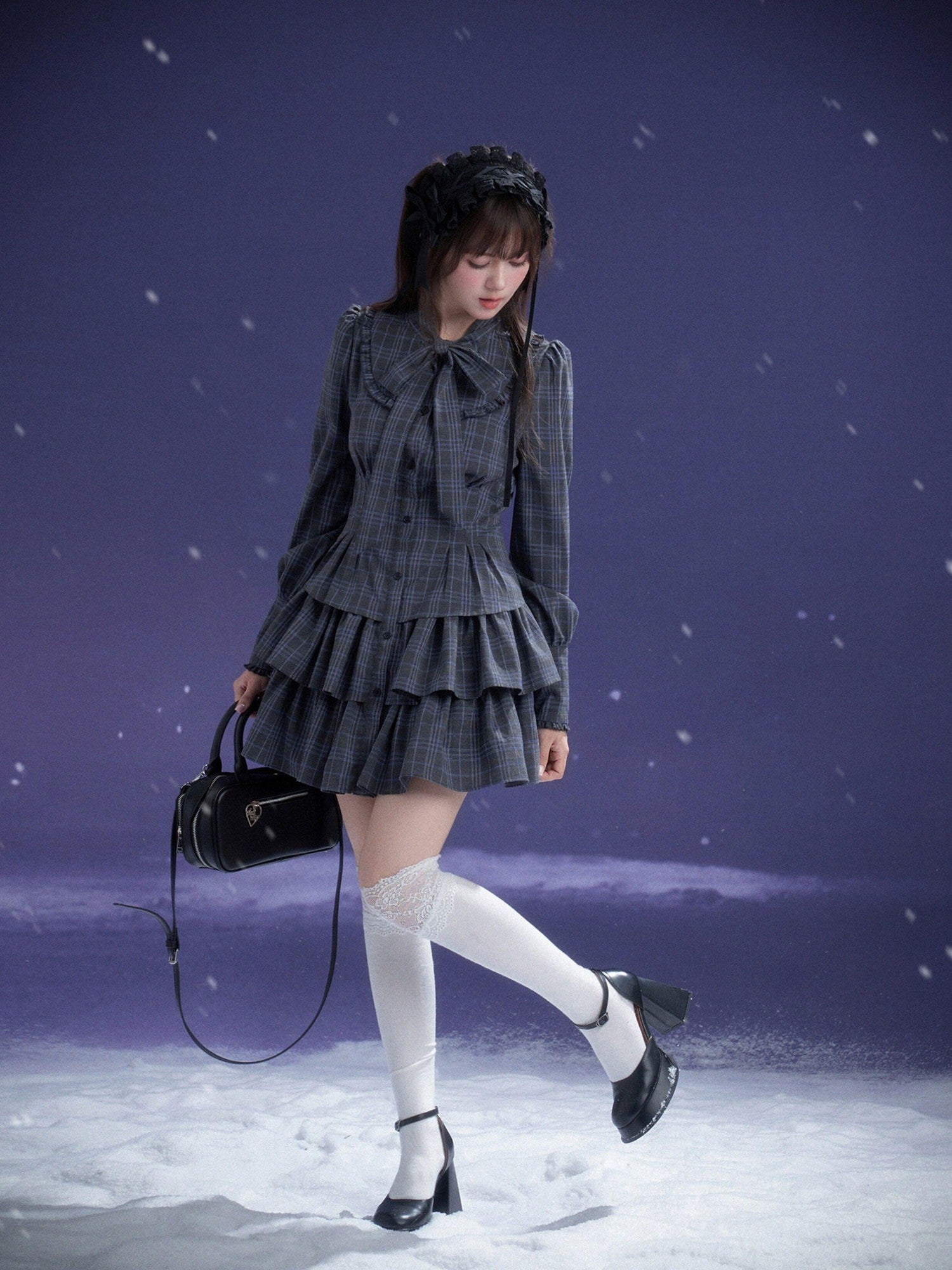 SagiDolls Gray Blue Plaid Big Bow Tiered Women's Polyester Casual Mini Dresses