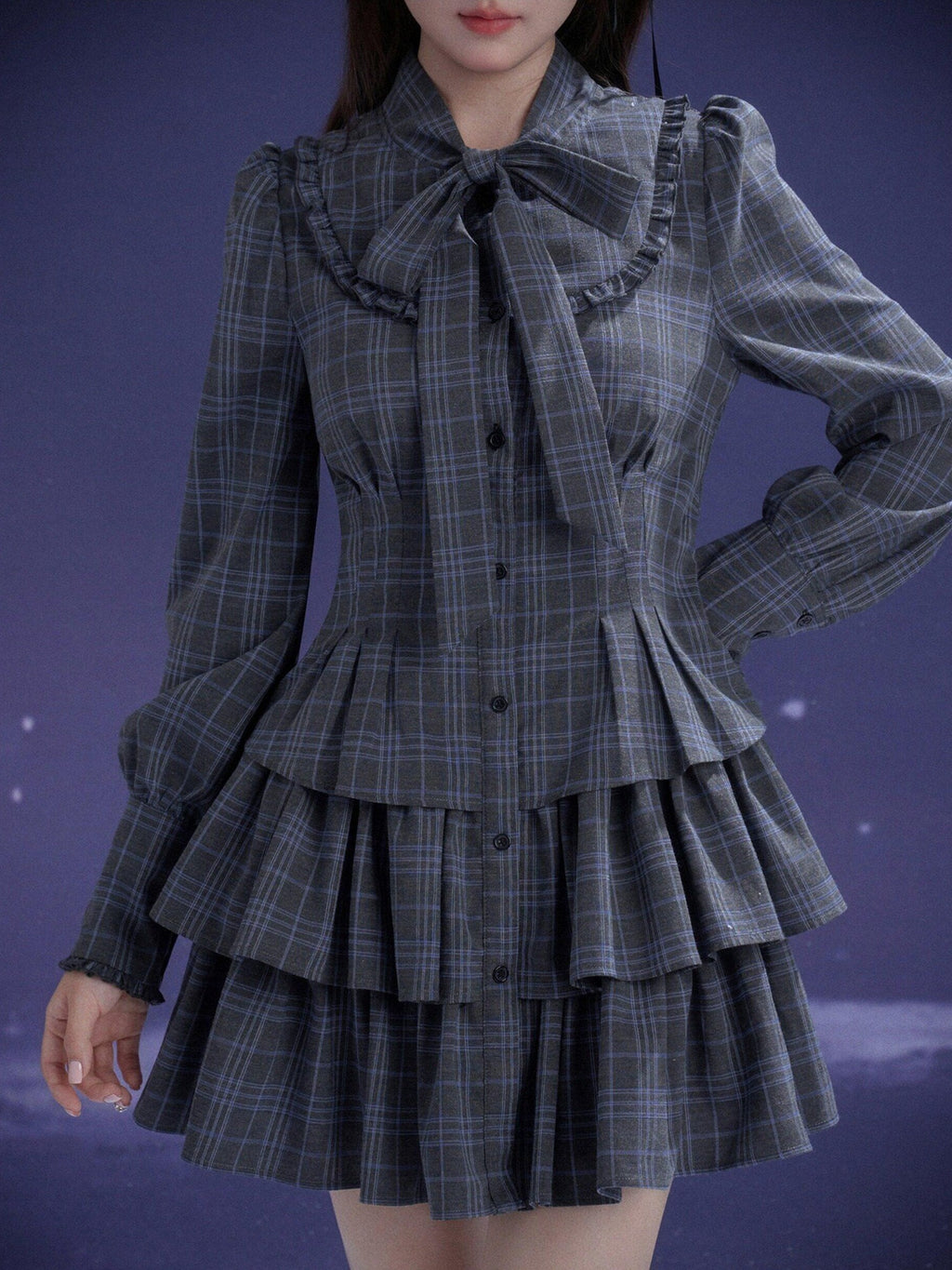 SagiDolls Gray Blue Plaid Big Bow Tiered Women's Polyester Casual Mini Dresses