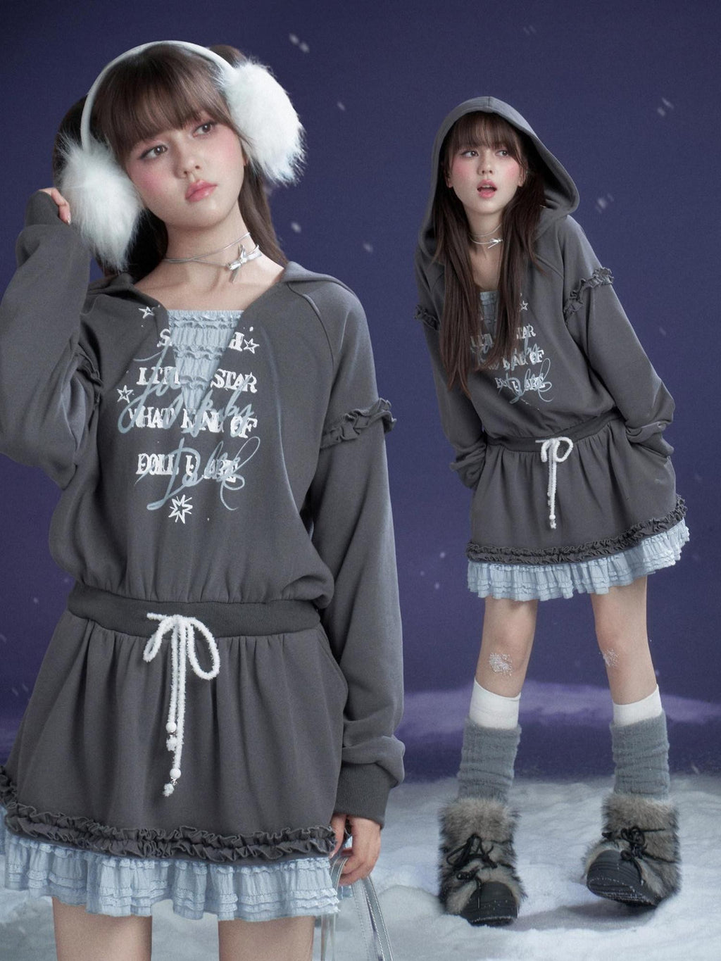 SagiDolls Gray Blue Print Hooded Faux Layer Loose Women's Cotton Casual Mini Dresses
