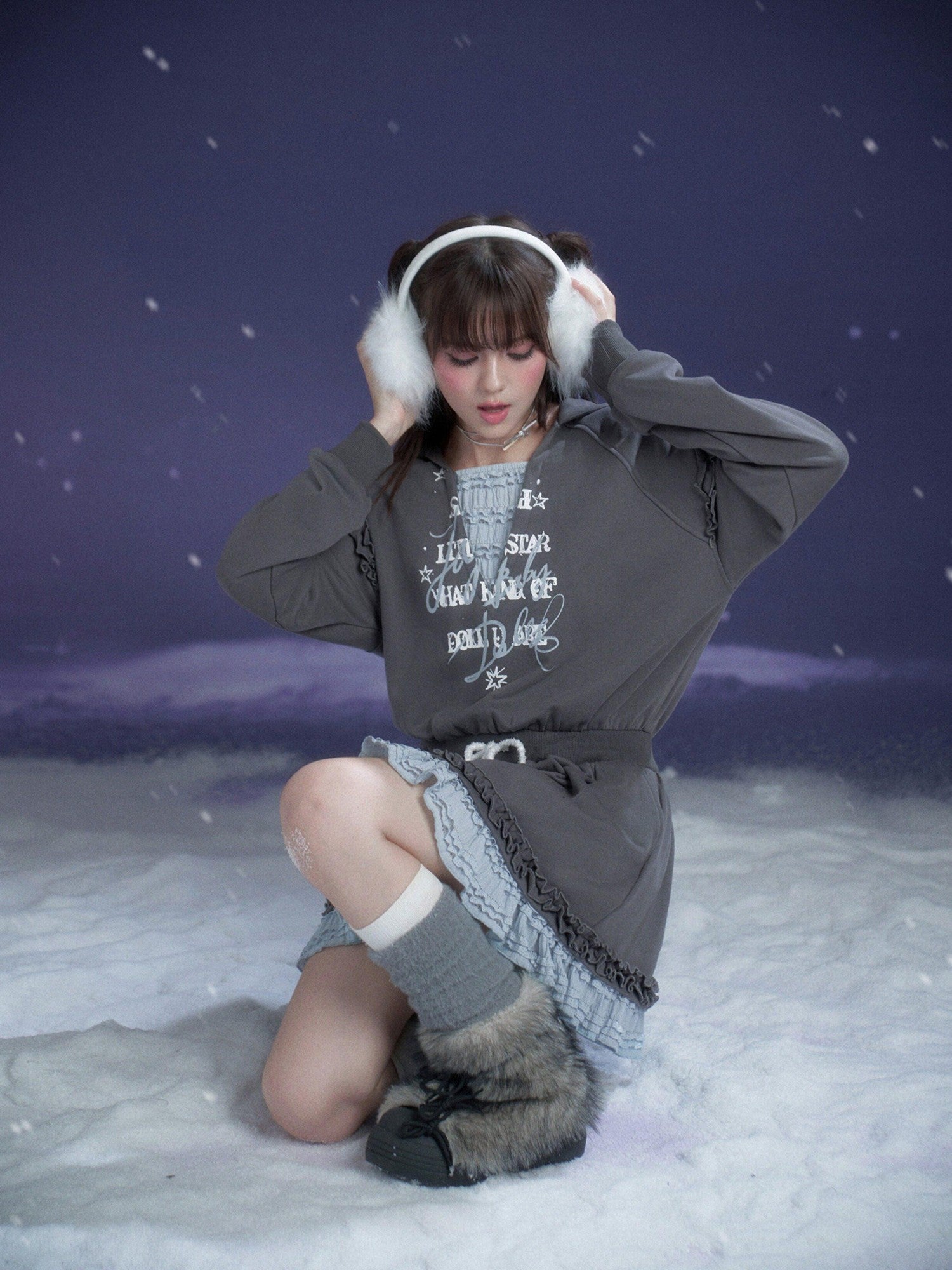 SagiDolls Gray Blue Print Hooded Faux Layer Loose Women's Cotton Casual Mini Dresses