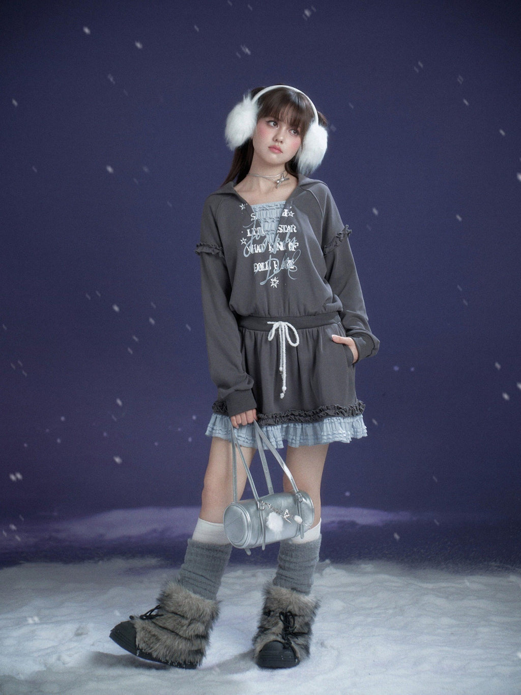 SagiDolls Gray Blue Print Hooded Faux Layer Loose Women's Cotton Casual Mini Dresses