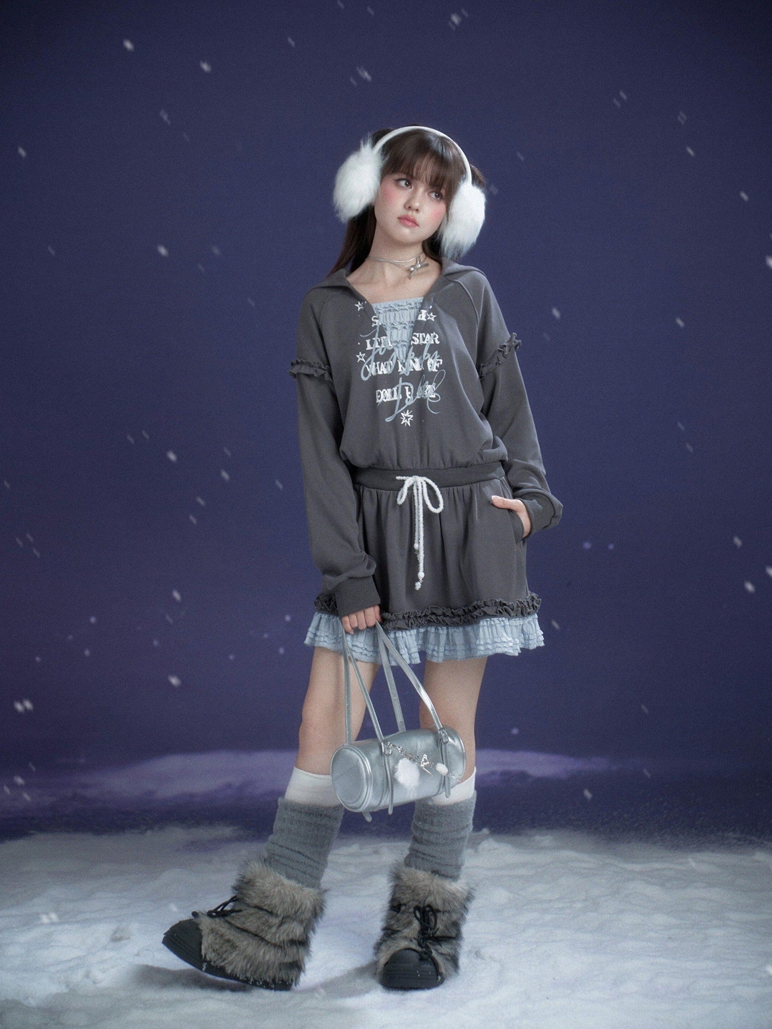 SagiDolls Gray Blue Print Hooded Faux Layer Loose Women's Cotton Casual Mini Dresses