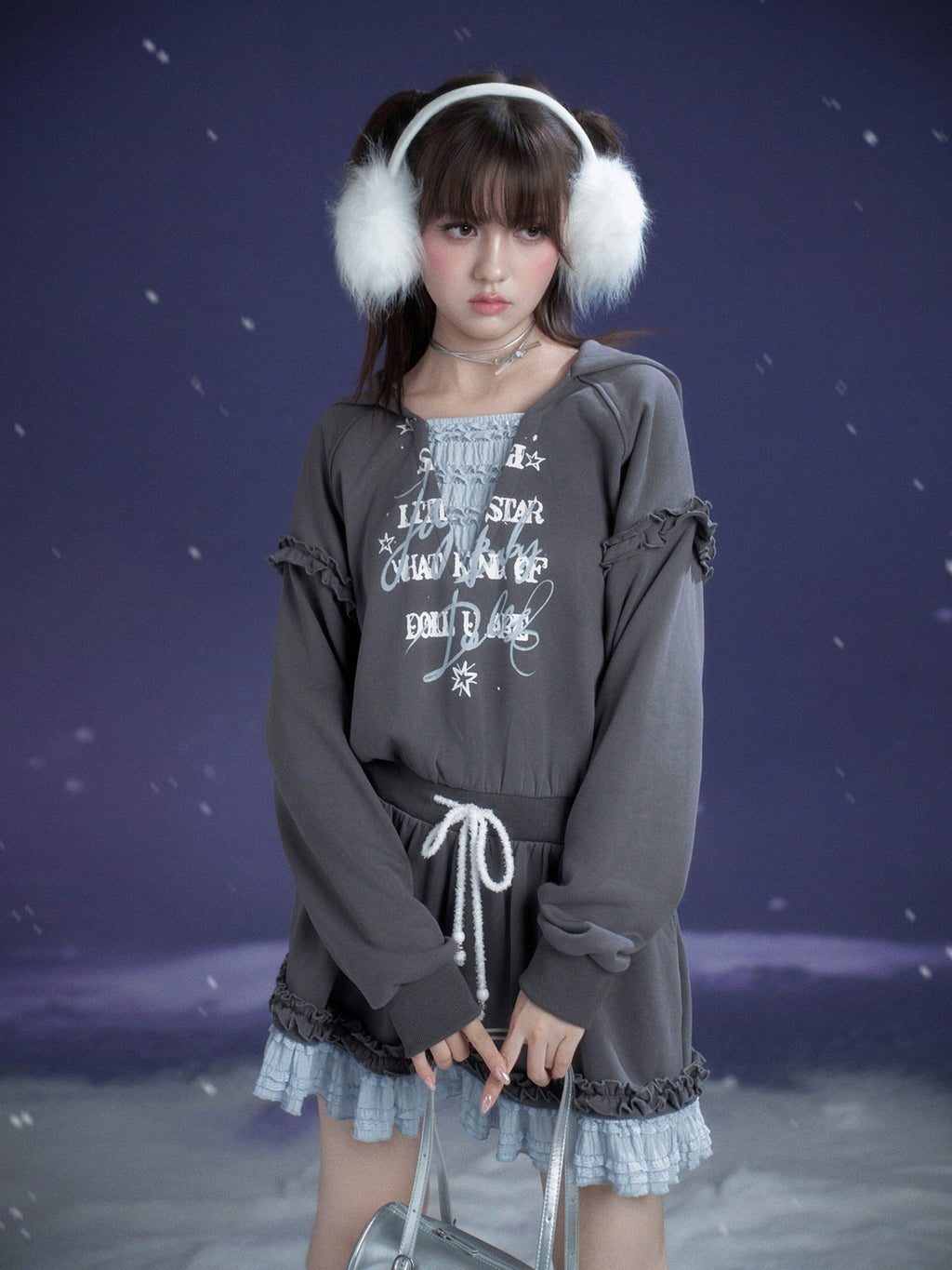 SagiDolls Gray Blue Print Hooded Faux Layer Loose Women's Cotton Casual Mini Dresses
