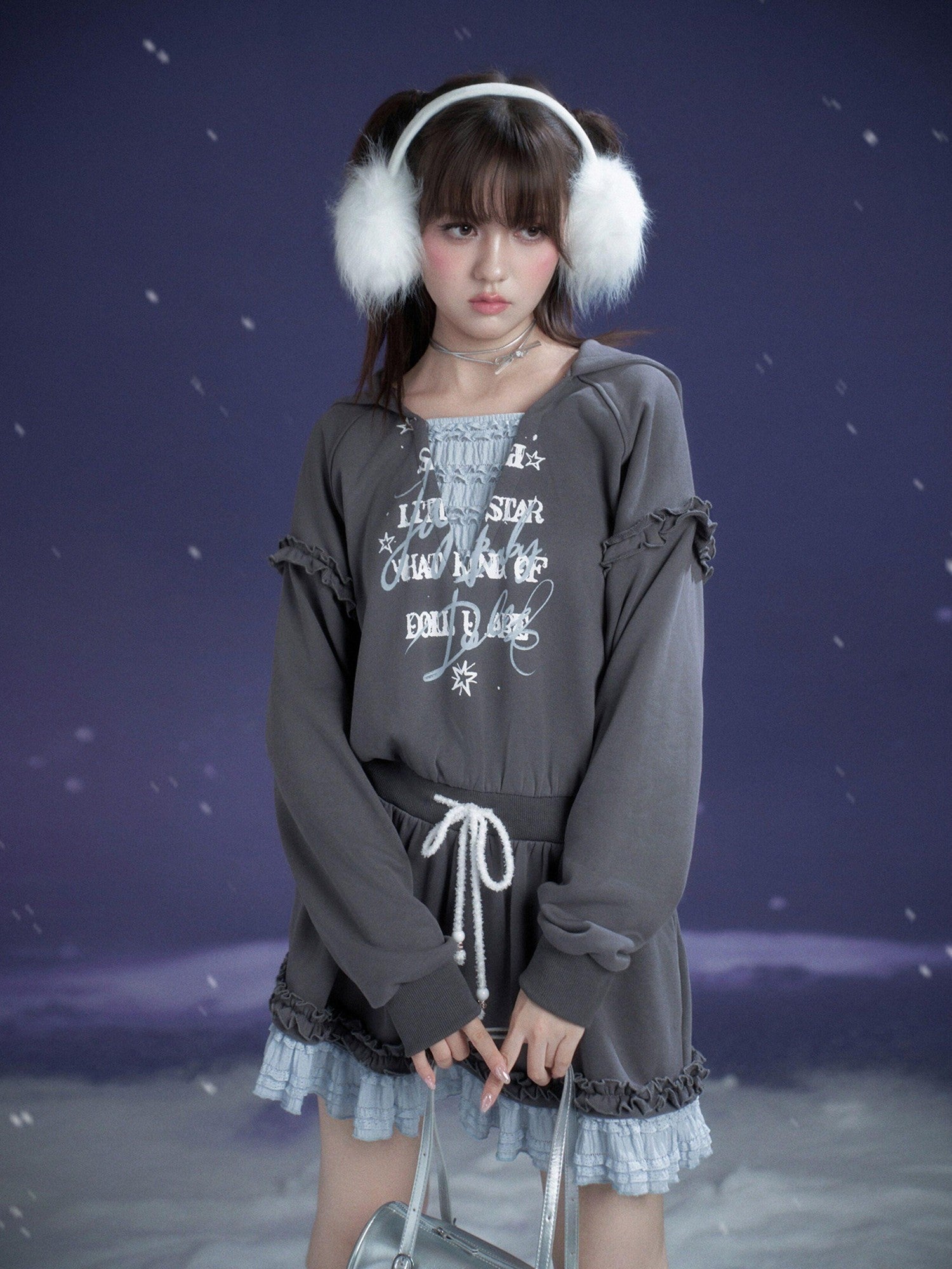 SagiDolls Gray Blue Print Hooded Faux Layer Loose Women's Cotton Casual Mini Dresses