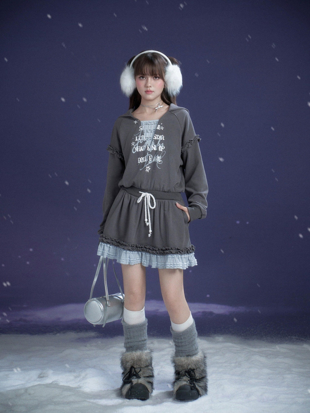 SagiDolls Gray Blue Print Hooded Faux Layer Loose Women's Cotton Casual Mini Dresses
