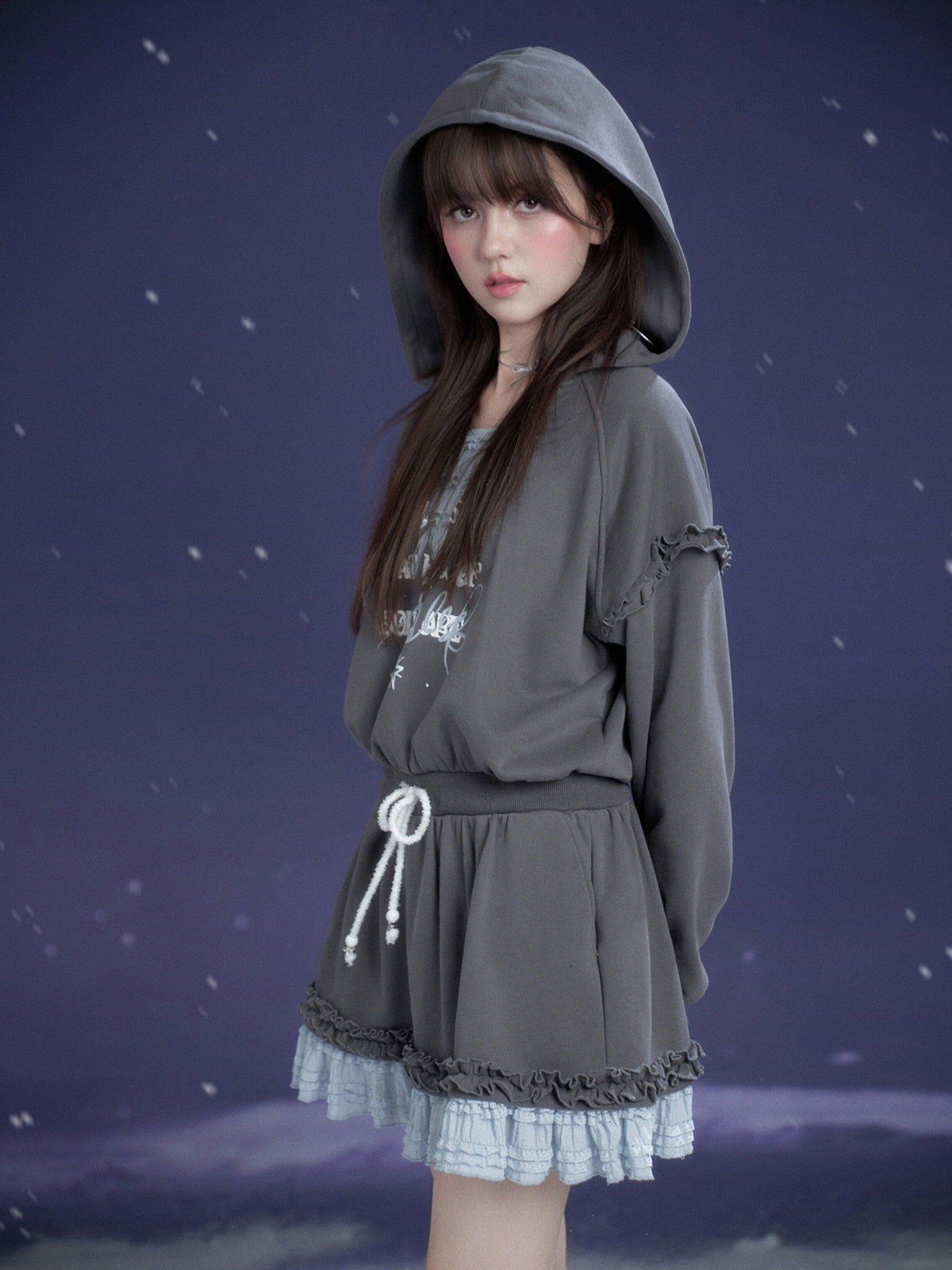 SagiDolls Gray Blue Print Hooded Faux Layer Loose Women's Cotton Casual Mini Dresses