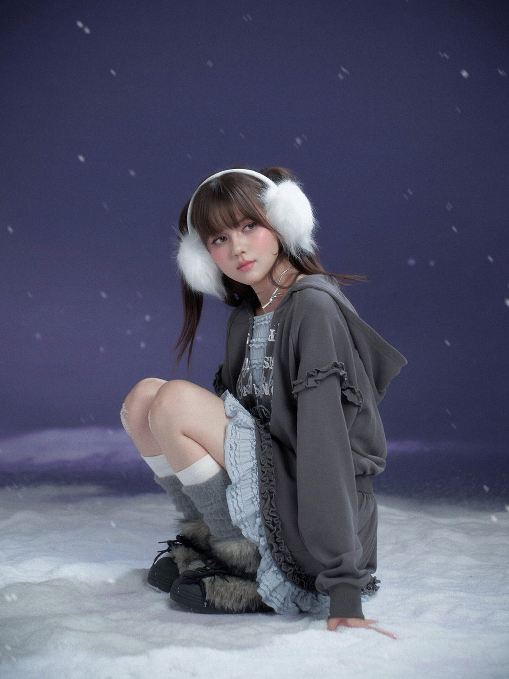 SagiDolls Gray Blue Print Hooded Faux Layer Loose Women's Cotton Casual Mini Dresses