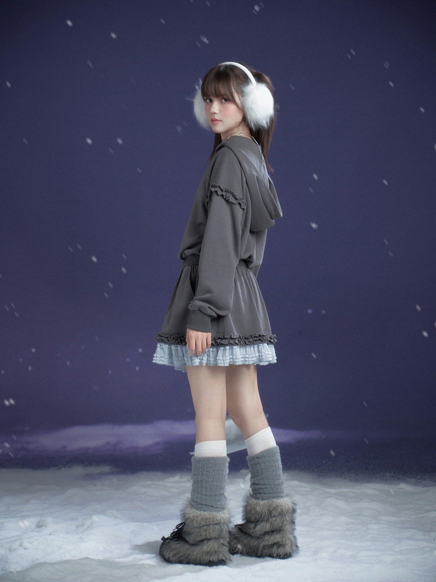 SagiDolls Gray Blue Print Hooded Faux Layer Loose Women's Cotton Casual Mini Dresses