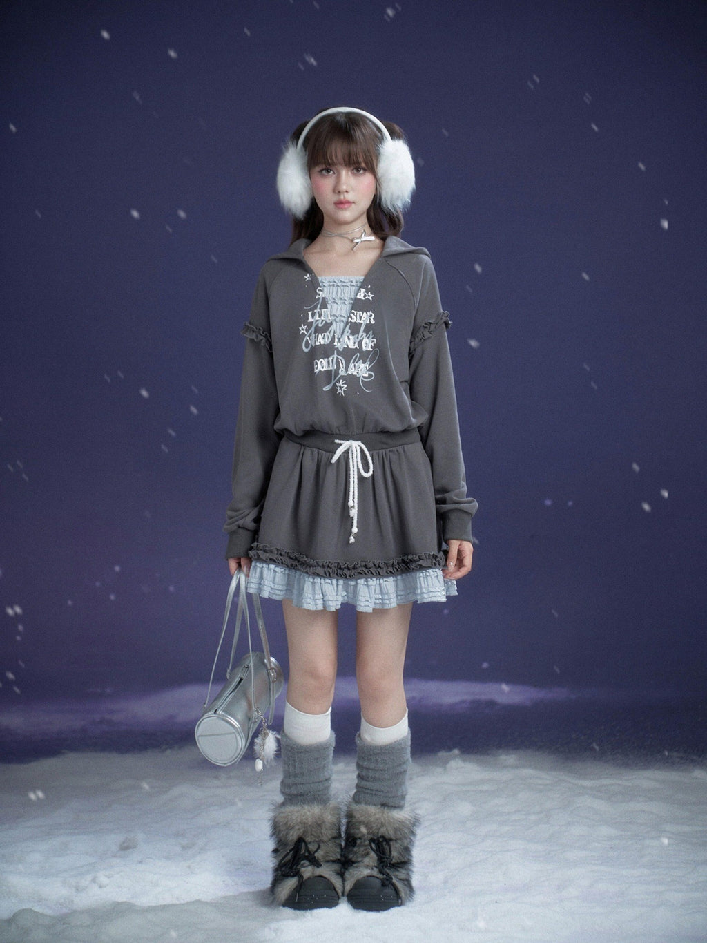 SagiDolls Gray Blue Print Hooded Faux Layer Loose Women's Cotton Casual Mini Dresses