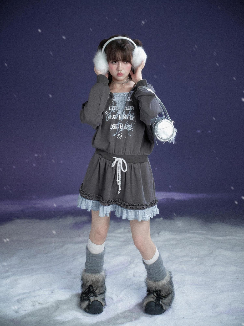 SagiDolls Gray Blue Print Hooded Faux Layer Loose Women's Cotton Casual Mini Dresses