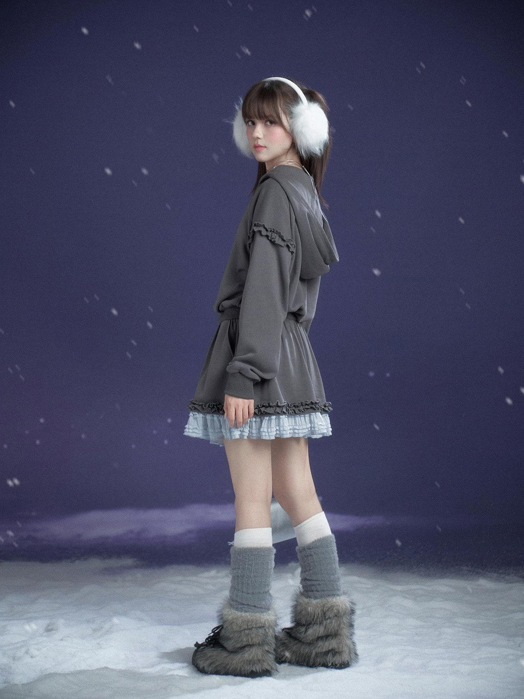 SagiDolls Gray Blue Print Hooded Faux Layer Loose Women's Cotton Casual Mini Dresses