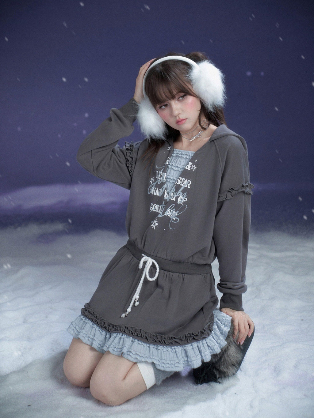 SagiDolls Gray Blue Print Hooded Faux Layer Loose Women's Cotton Casual Mini Dresses