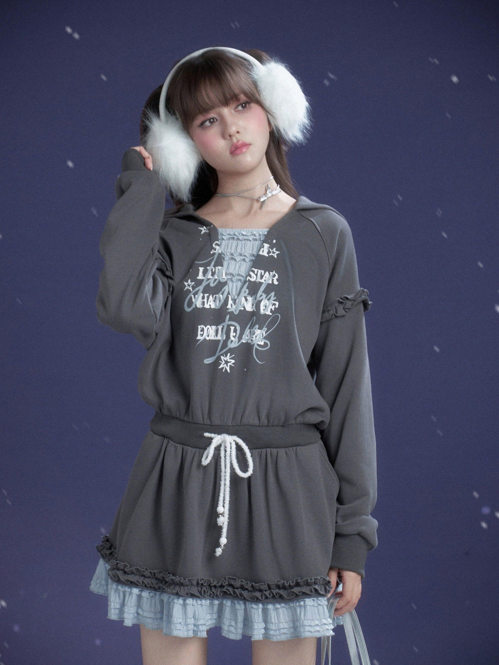 SagiDolls Gray Blue Print Hooded Faux Layer Loose Women's Cotton Casual Mini Dresses