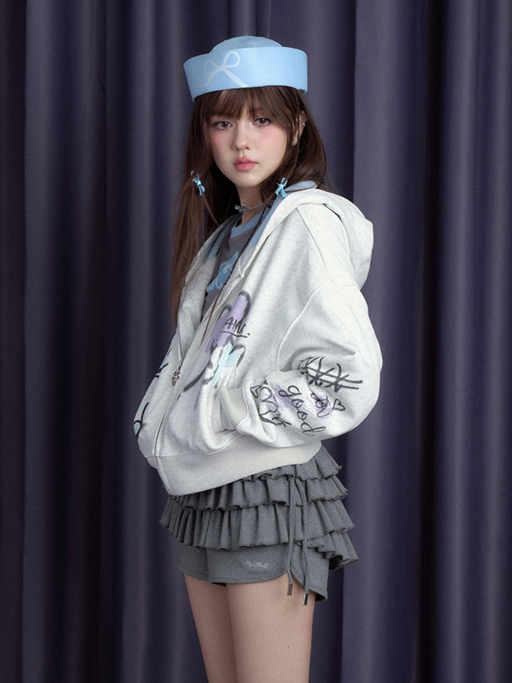 SagiDolls Gray Blue Purple Graffiti Paint Kangaroo Pocket Women's Zip-up Hoodies