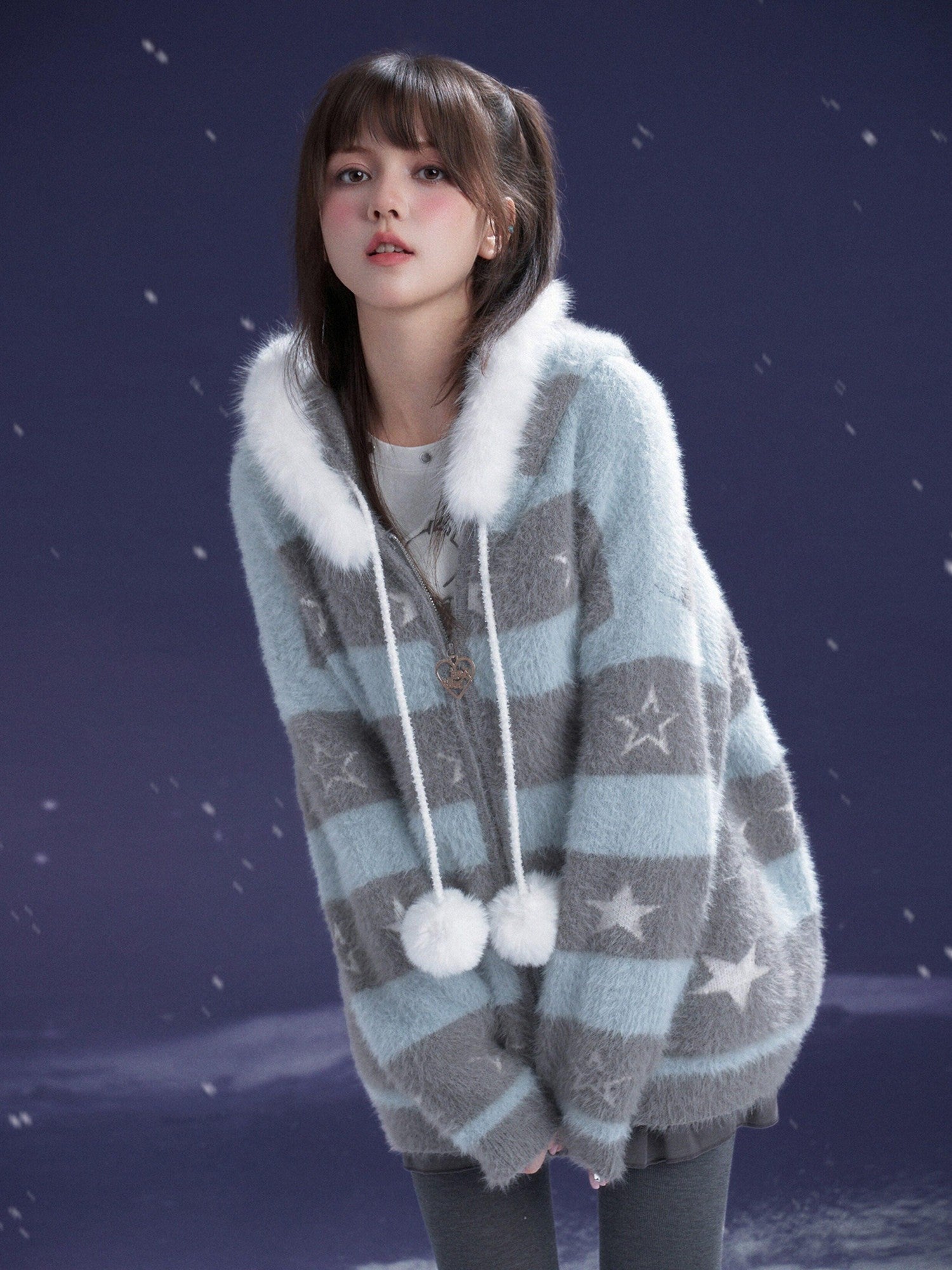 SagiDolls Gray Blue Striped Star Hooded Detachable Fur Zip Pocket Women's Knit Sweaters
