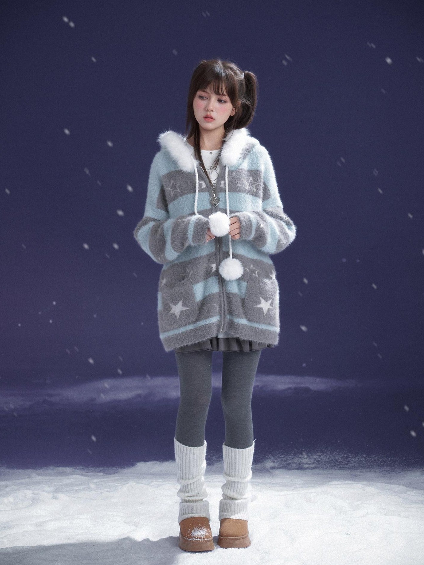 SagiDolls Gray Blue Striped Star Hooded Detachable Fur Zip Pocket Women's Knit Sweaters