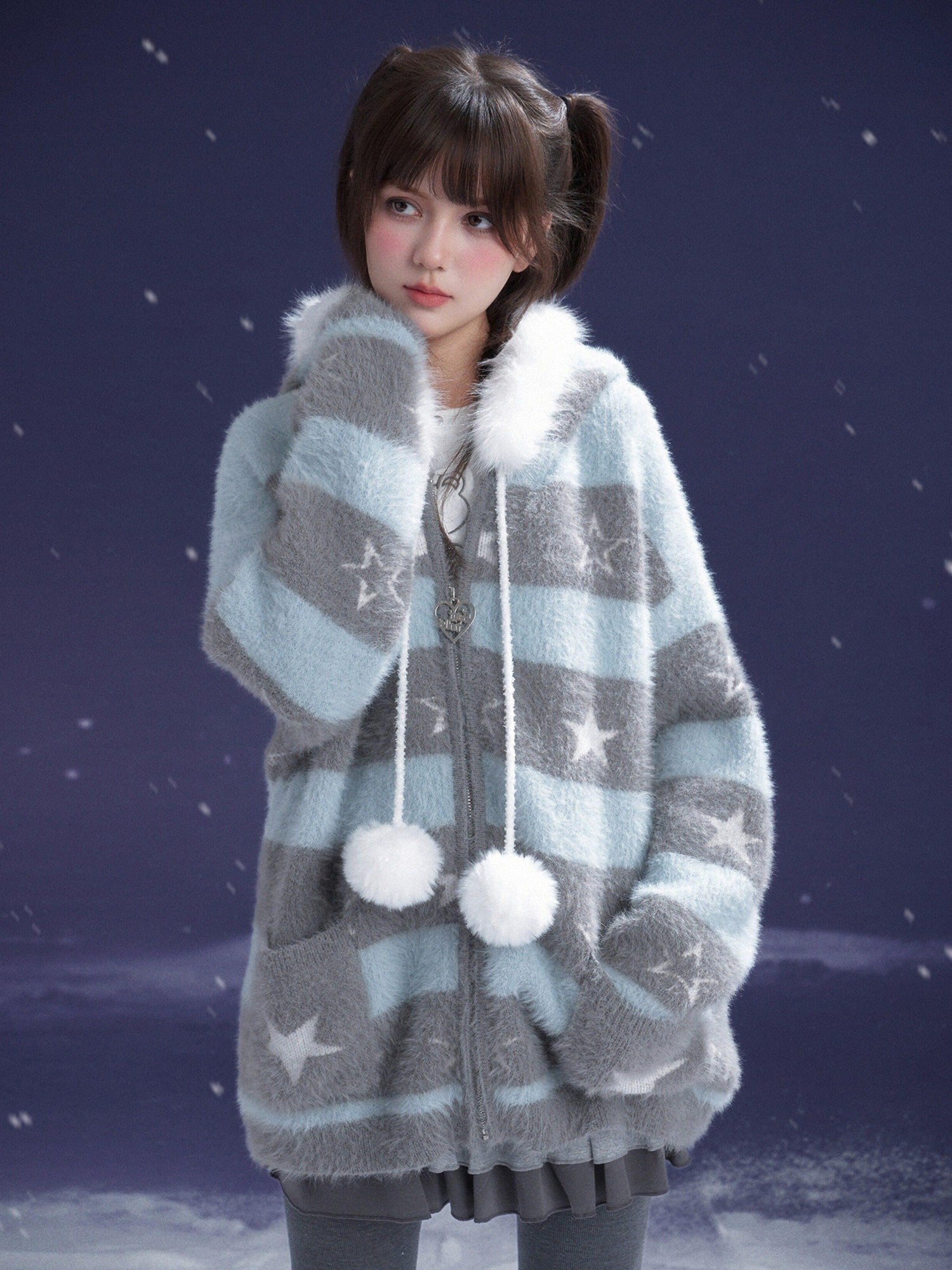 SagiDolls Gray Blue Striped Star Hooded Detachable Fur Zip Pocket Women's Knit Sweaters