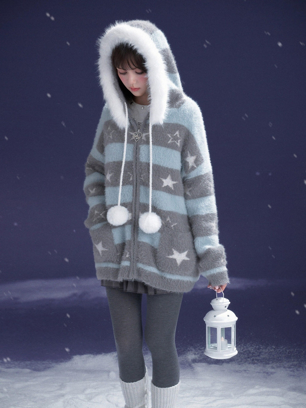 SagiDolls Gray Blue Striped Star Hooded Detachable Fur Zip Pocket Women's Knit Sweaters