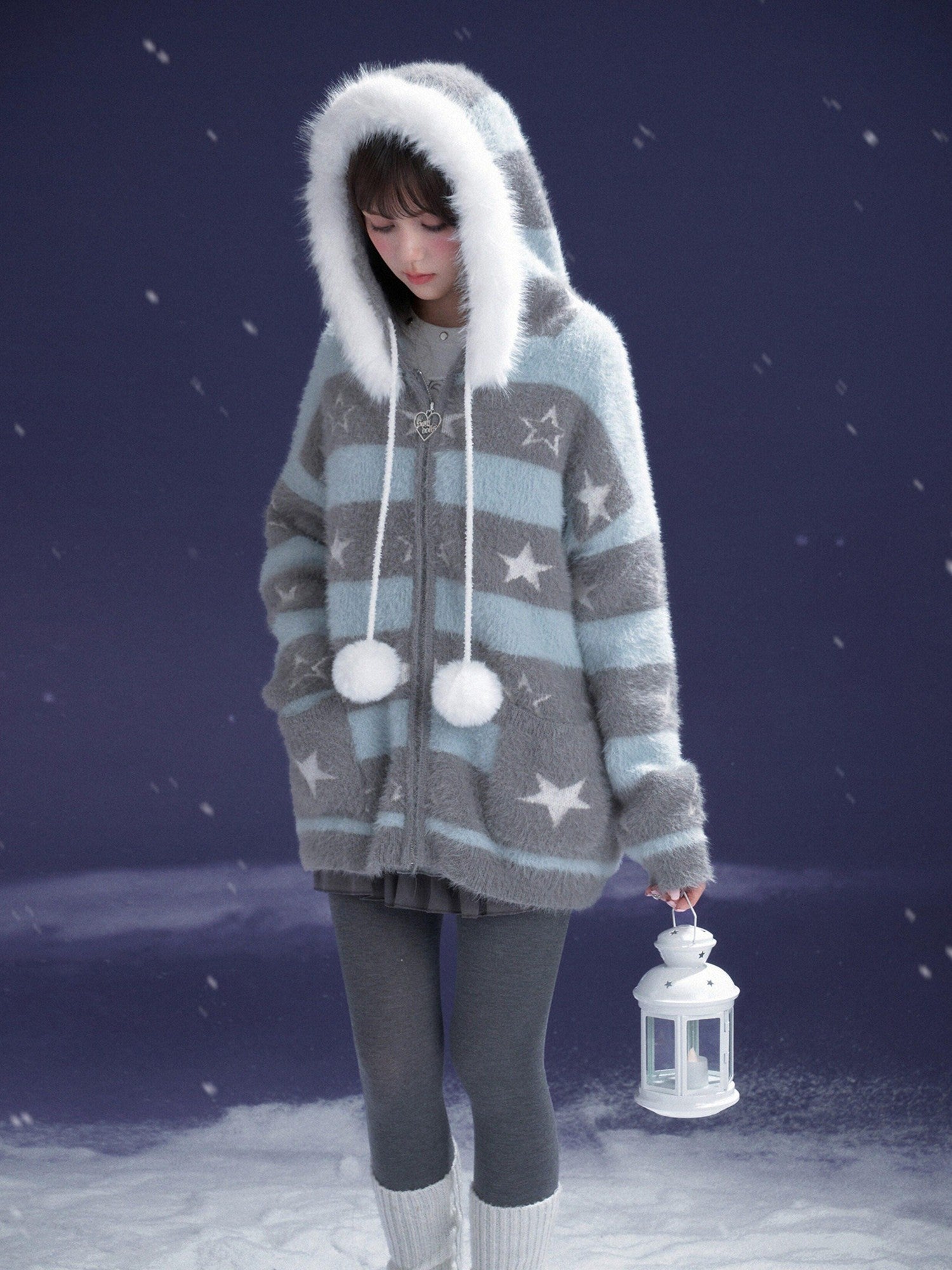 SagiDolls Gray Blue Striped Star Hooded Detachable Fur Zip Pocket Women's Knit Sweaters
