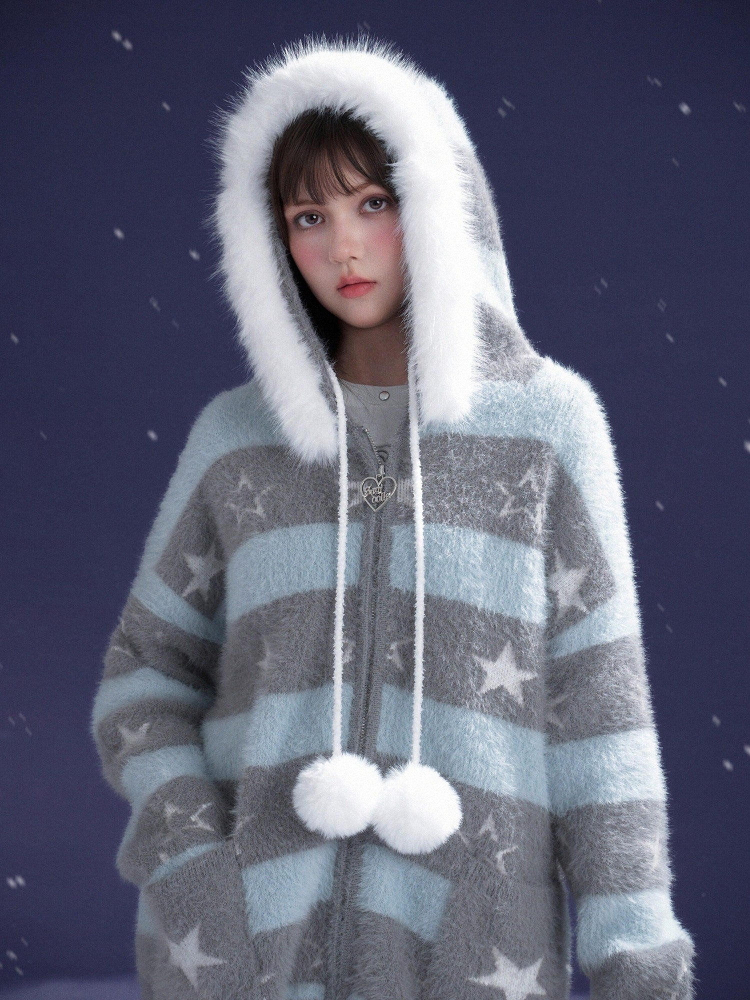 SagiDolls Gray Blue Striped Star Hooded Detachable Fur Zip Pocket Women's Knit Sweaters