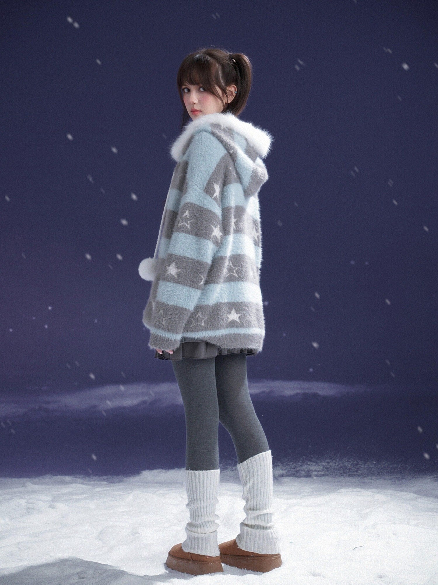 SagiDolls Gray Blue Striped Star Hooded Detachable Fur Zip Pocket Women's Knit Sweaters