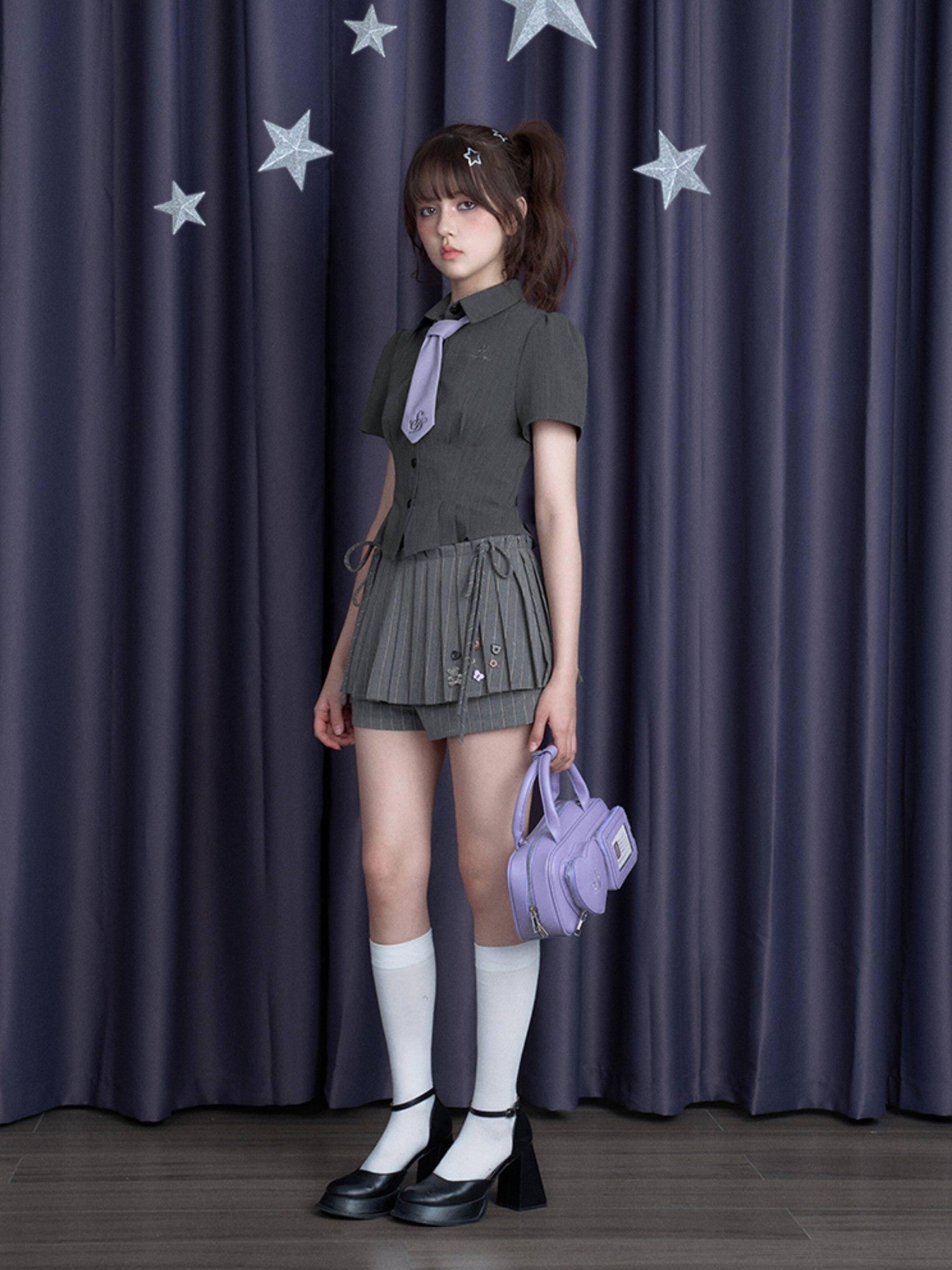SagiDolls Gray Buttoned Tie High Waist Pressed Pleat Women's Polyester Pleated Skirts