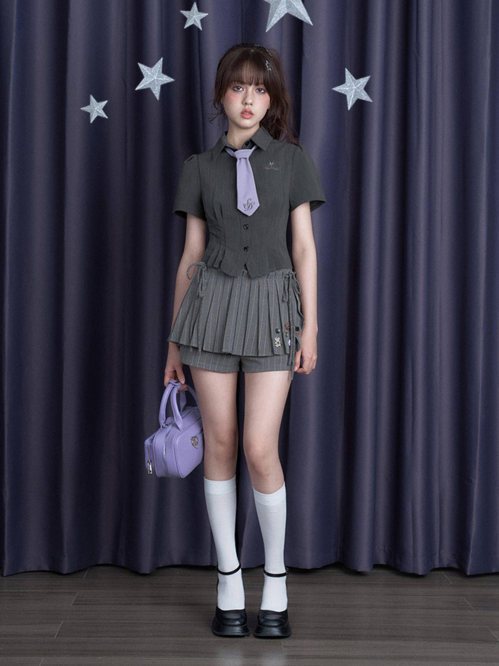 SagiDolls Gray Buttoned Tie High Waist Pressed Pleat Women's Polyester Pleated Skirts