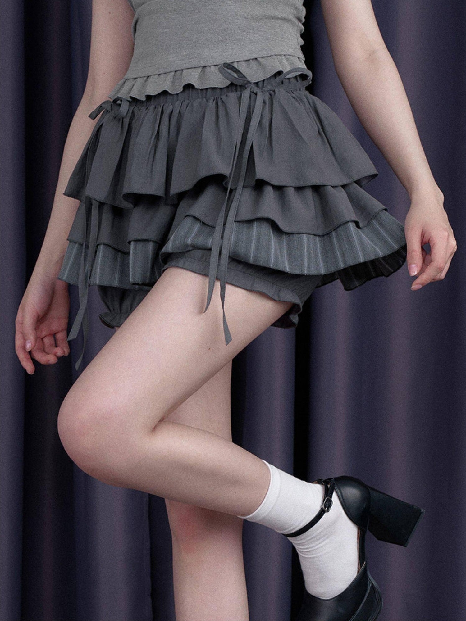 SagiDolls Gray Cake Aline Midwaist Lined Solid Women's Viscose Blend Tiered Skirts