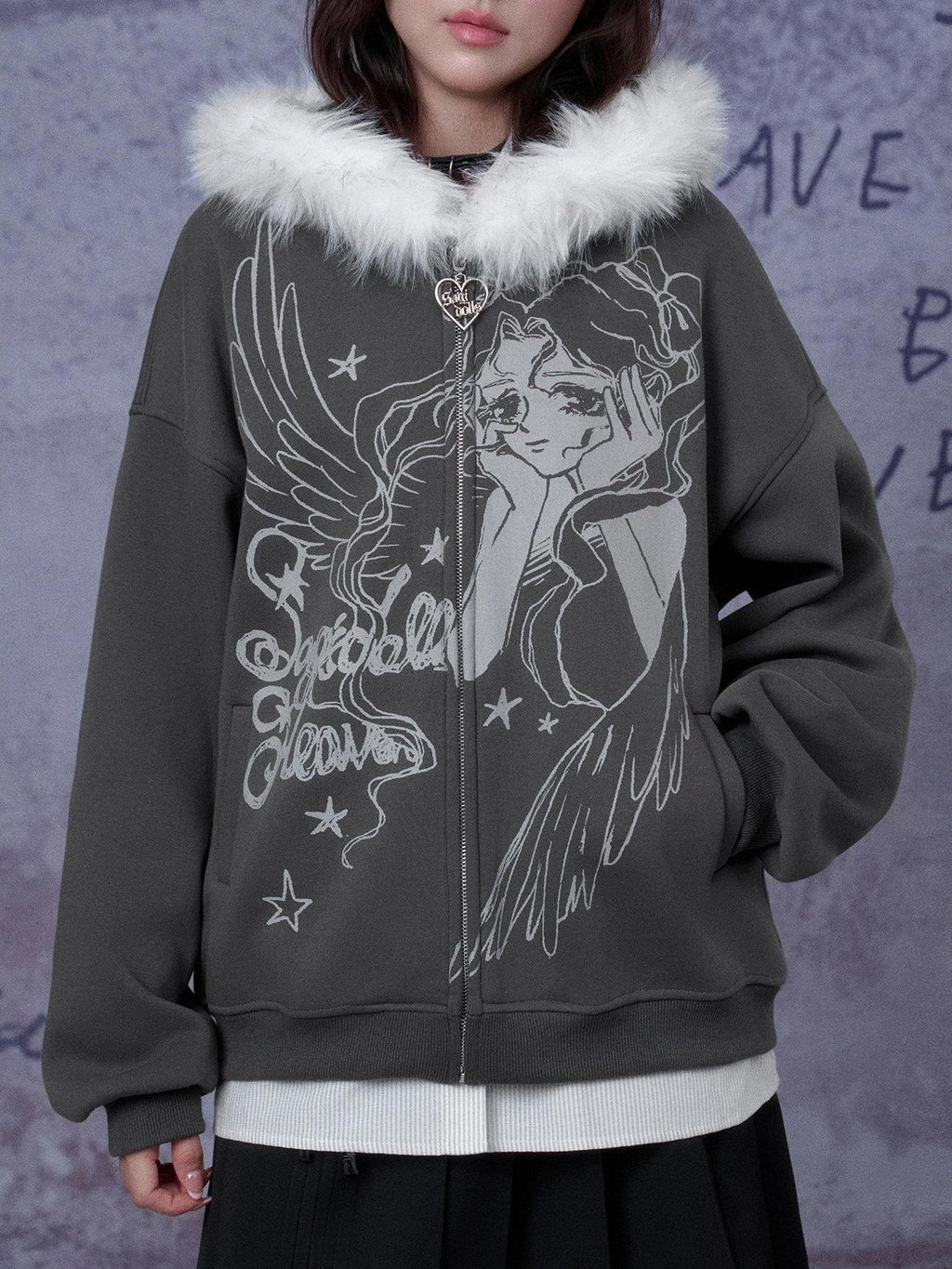 SagiDolls Gray Cartoon Print Fleece Lined Loose Fit Women's Cotton Blend Zip-up Hoodies