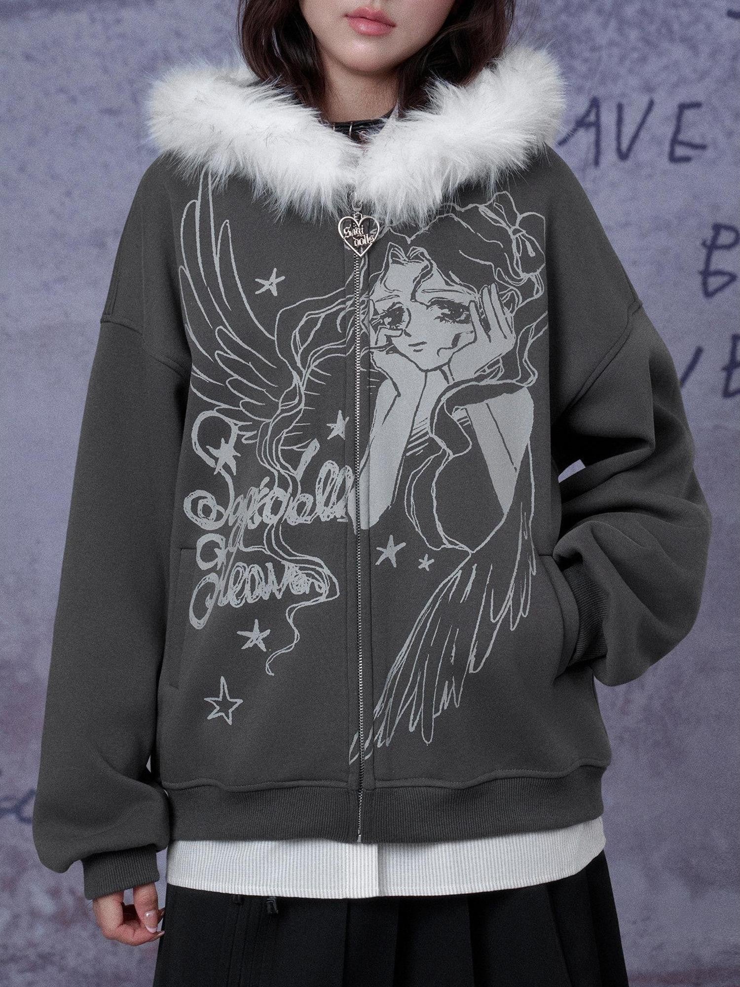 SagiDolls Gray Cartoon Print Fleece Lined Loose Fit Women's Cotton Blend Zip-up Hoodies