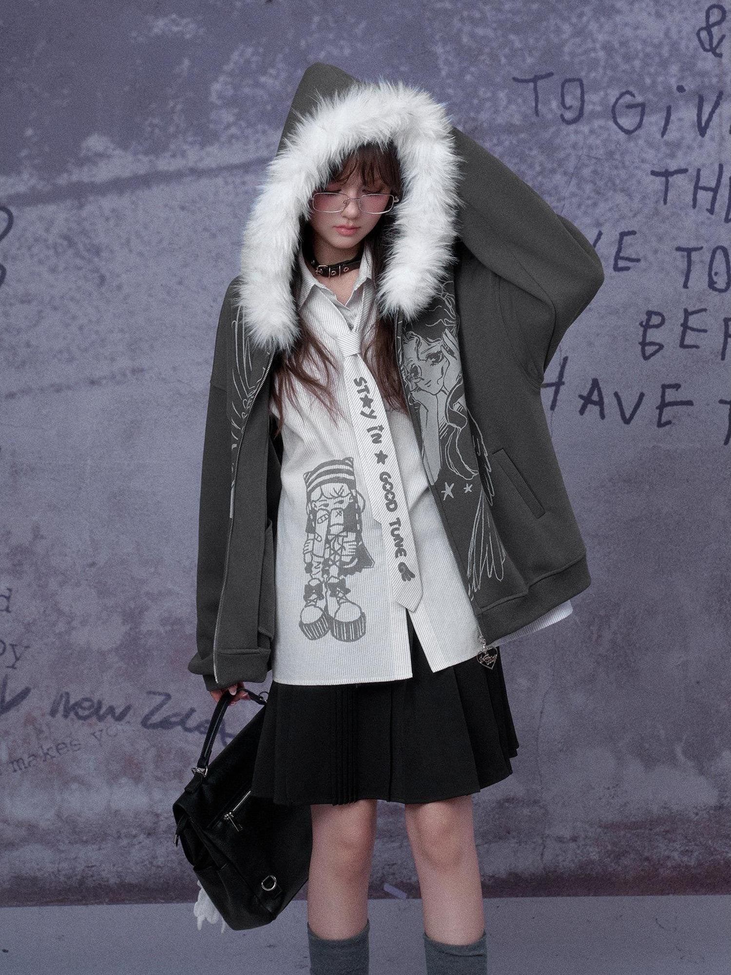 SagiDolls Gray Cartoon Print Fleece Lined Loose Fit Women's Cotton Blend Zip-up Hoodies