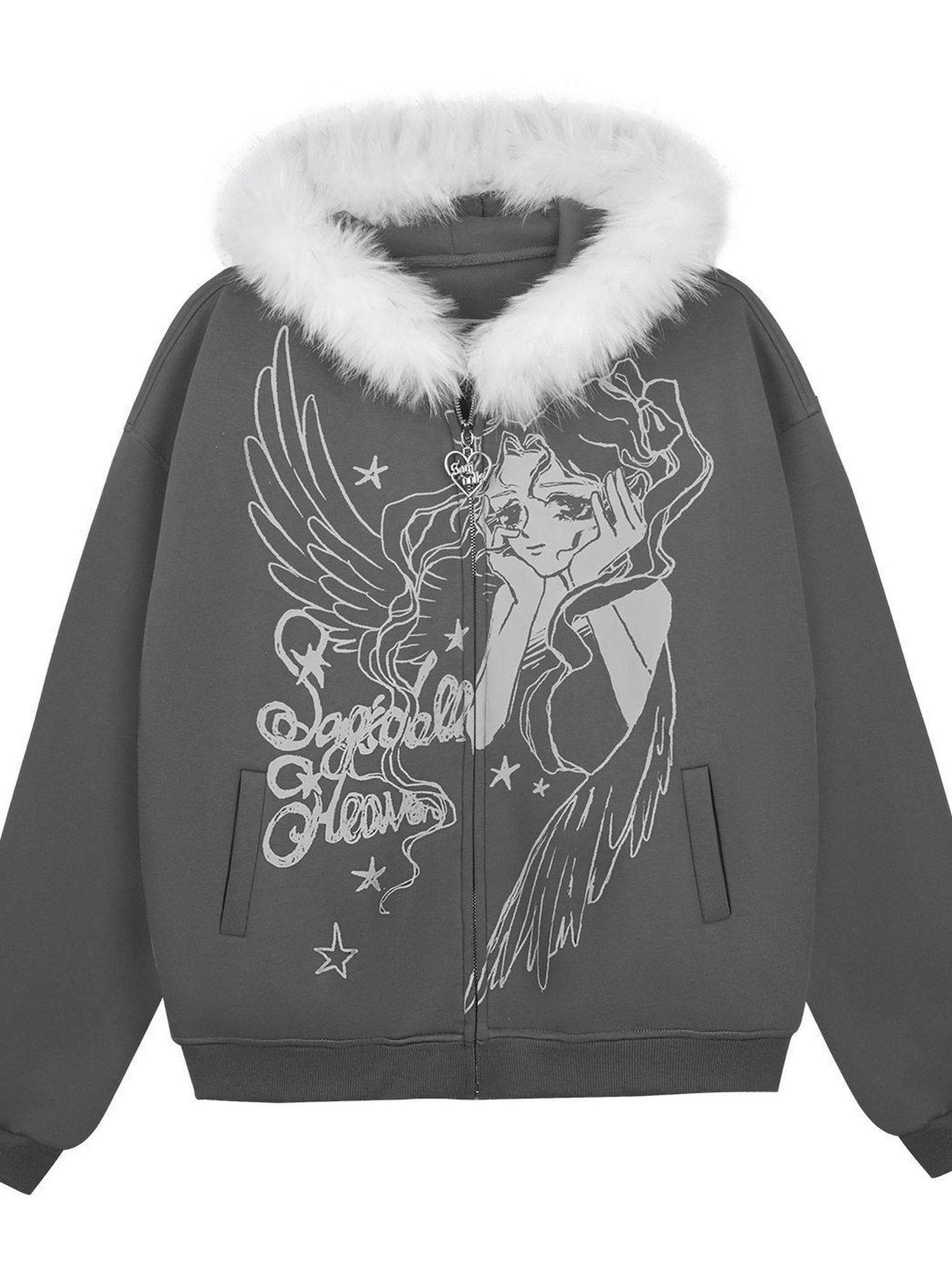 SagiDolls Gray Cartoon Print Fleece Lined Loose Fit Women's Cotton Blend Zip-up Hoodies