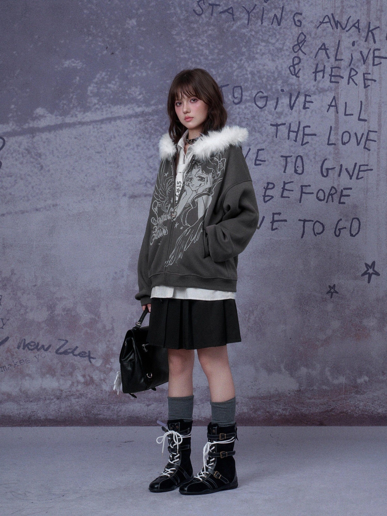 SagiDolls Gray Cartoon Print Fleece Lined Loose Fit Women's Cotton Blend Zip-up Hoodies