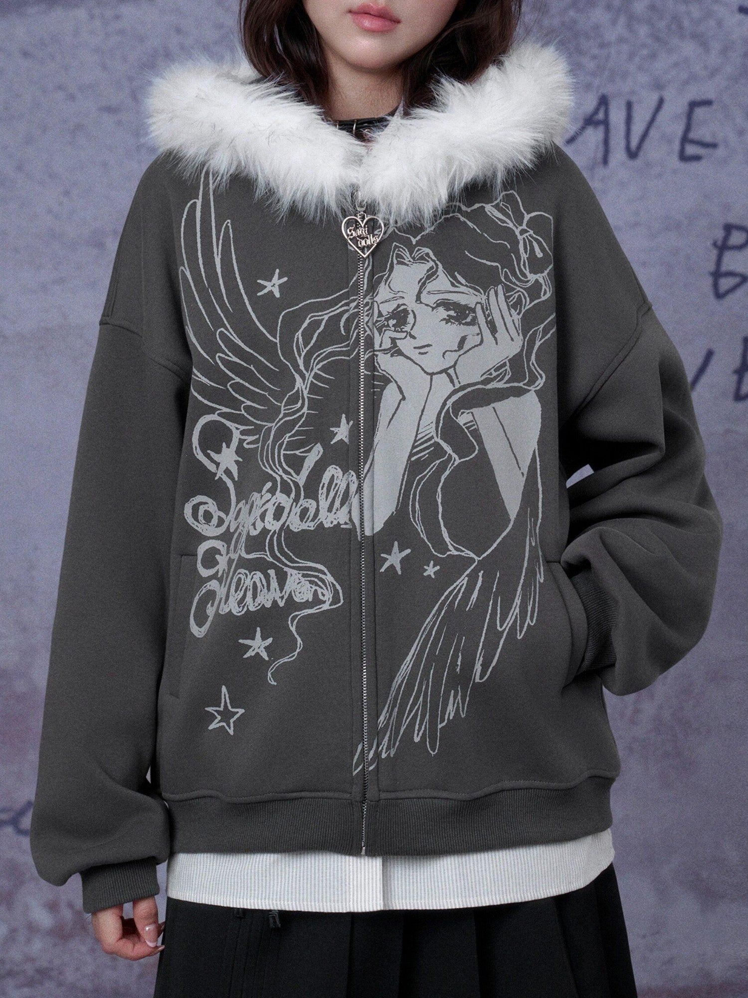 SagiDolls Gray Cartoon Print Fleece Lined Loose Fit Women's Cotton Blend Zip-up Hoodies