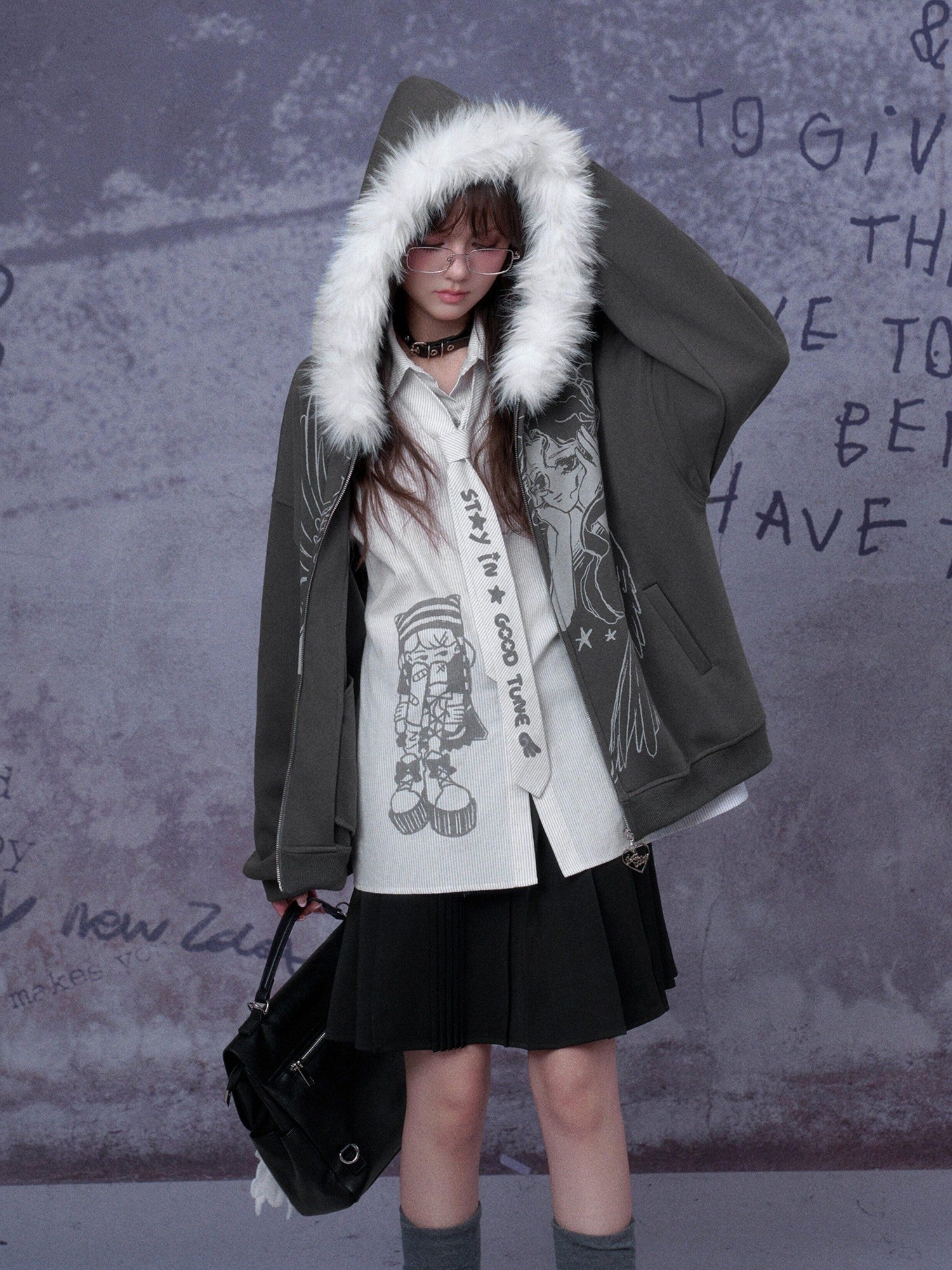 SagiDolls Gray Cartoon Print Fleece Lined Loose Fit Women's Cotton Blend Zip-up Hoodies