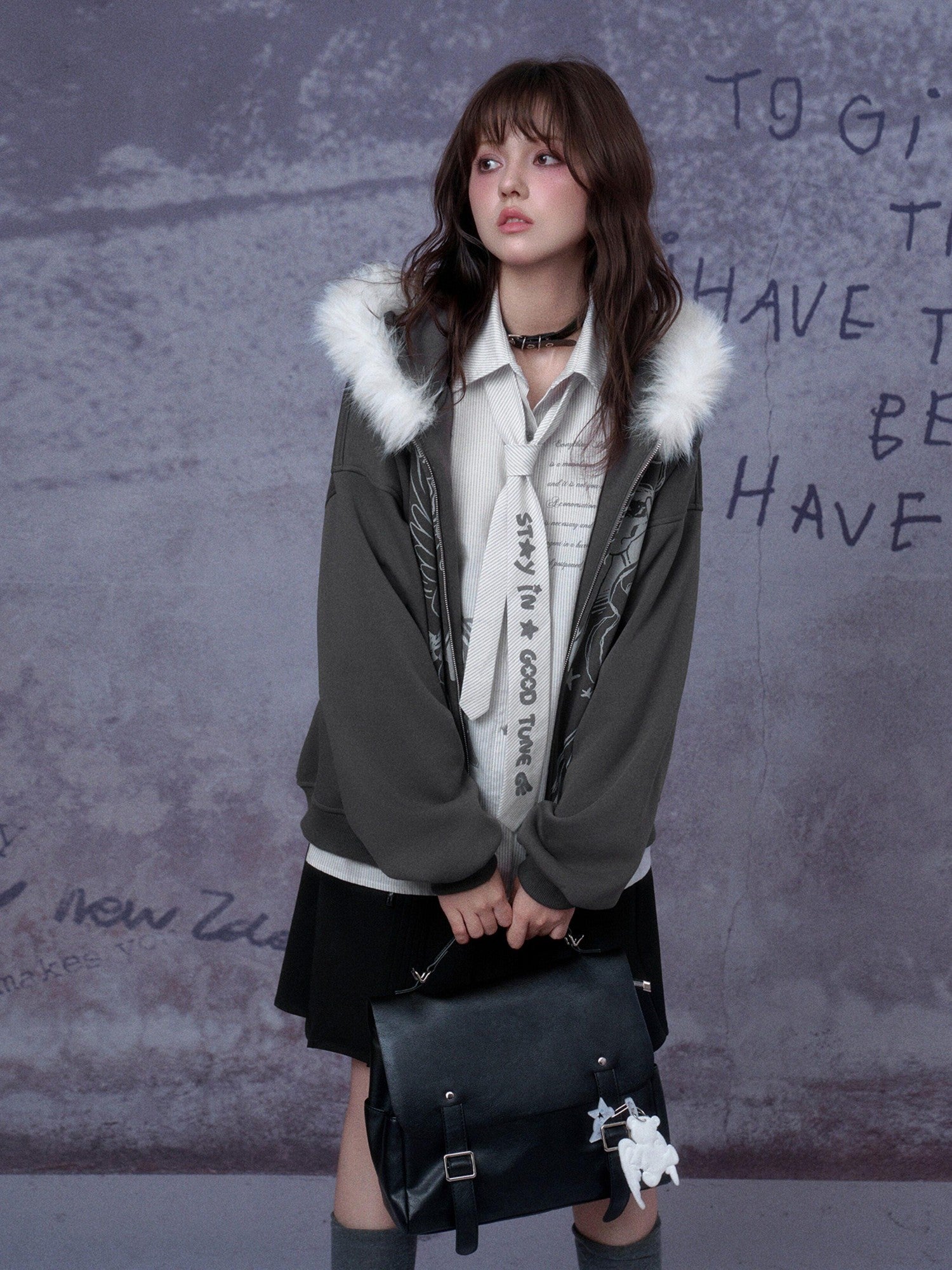 SagiDolls Gray Cartoon Print Fleece Lined Loose Fit Women's Cotton Blend Zip-up Hoodies