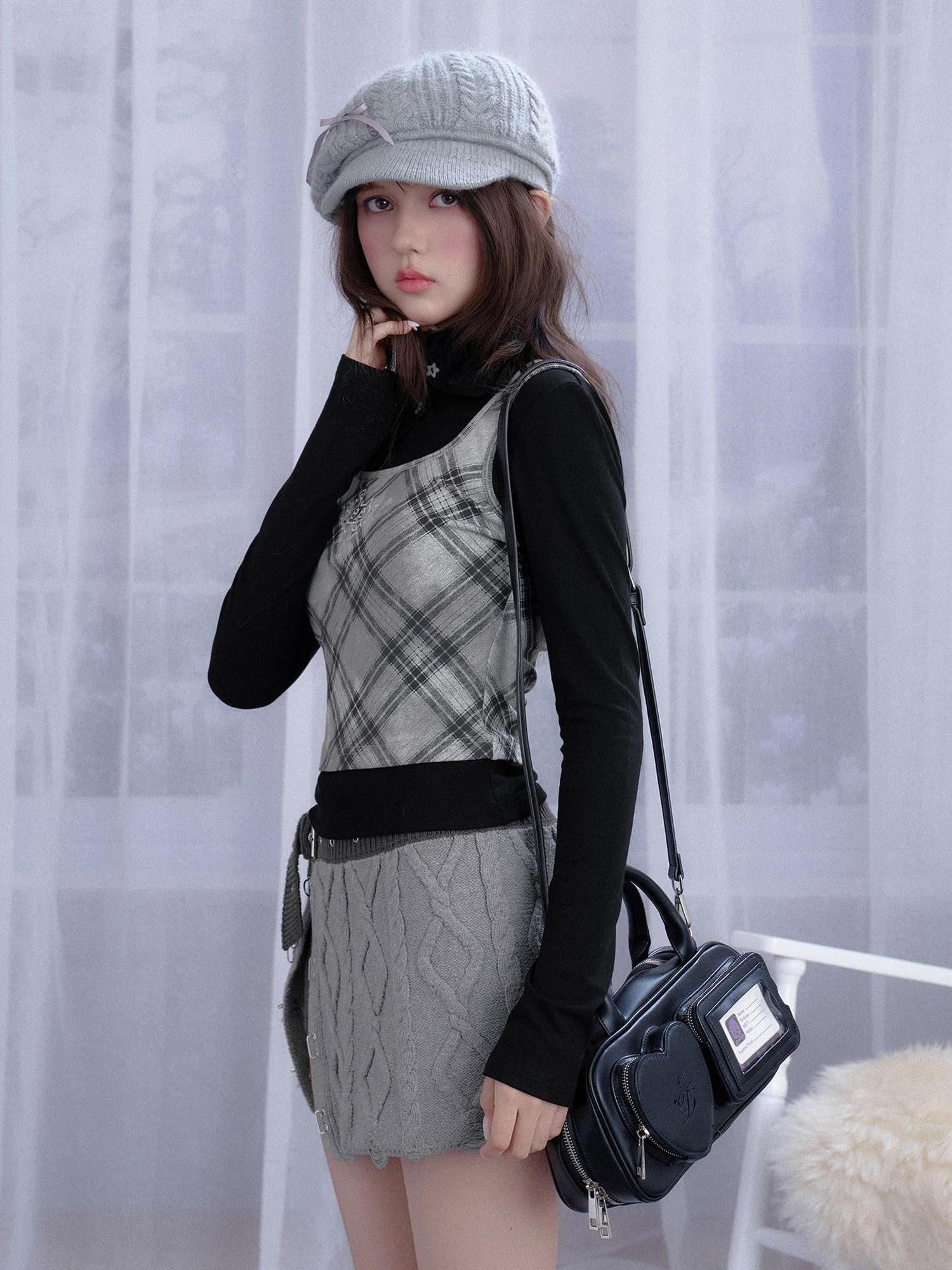 SagiDolls Gray Diamond Jacquard A Line Knit Women's Cotton Acrylic Blend Mini Skirts